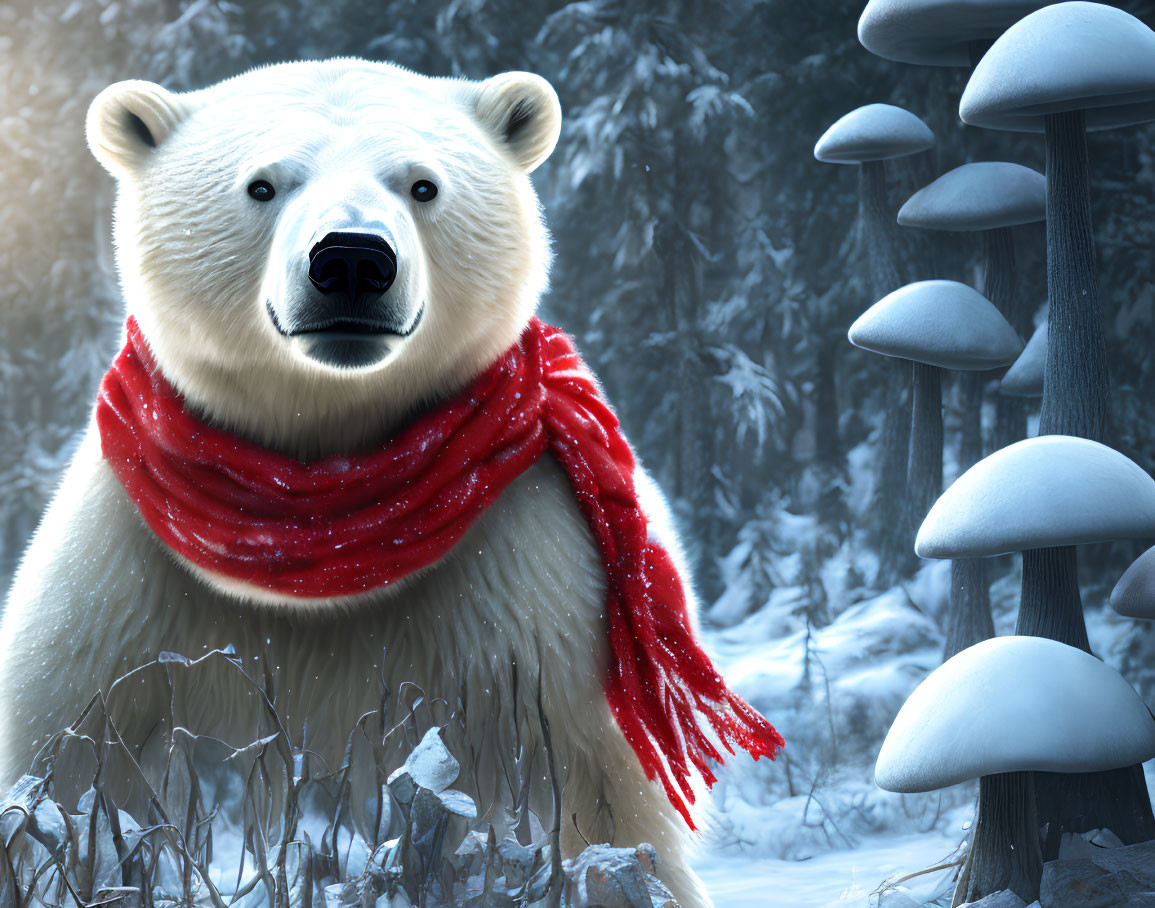 Polar Bear with Red Scarf in Snowy Landscape with Lamp Post and Mushrooms