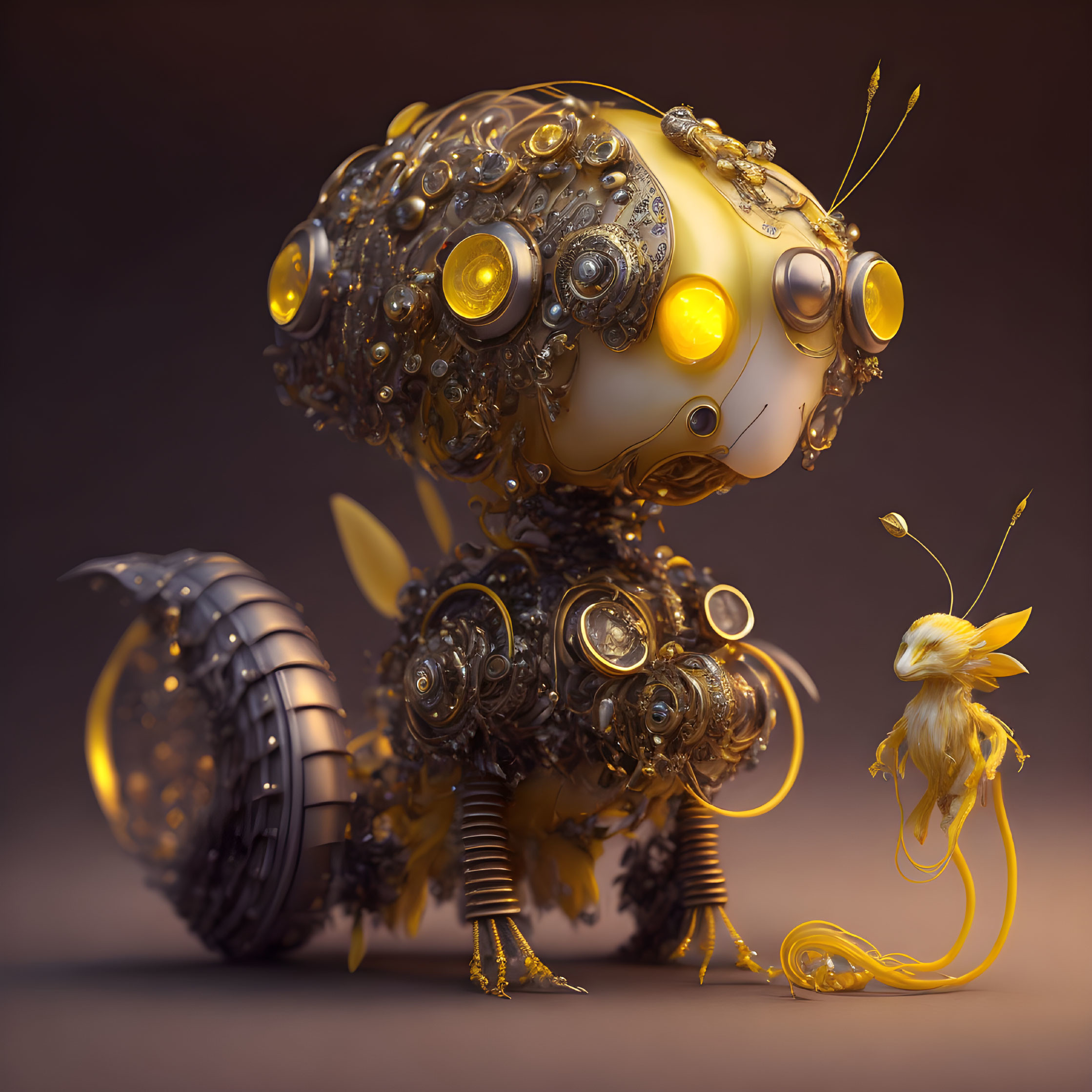 Steampunk-style insectoid creature with ornate body and ocular lenses.