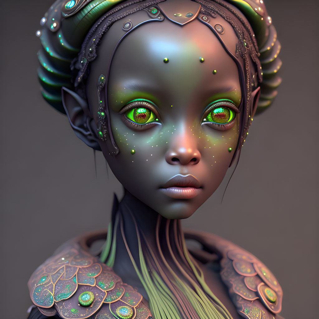 Digital Artwork of Otherworldly Female Figure with Green Eyes and Nature-Inspired Armor