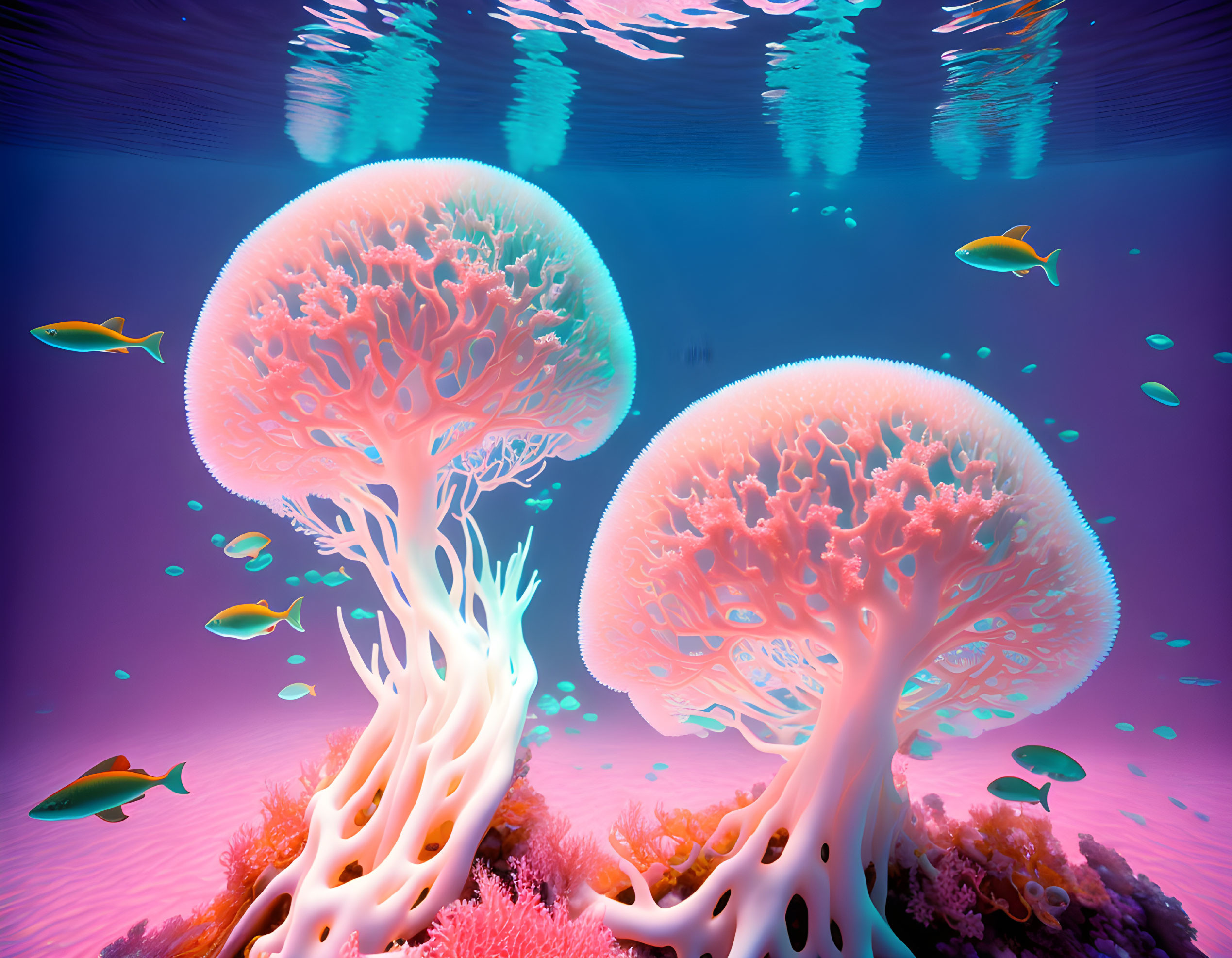 Colorful underwater coral structures and fish in cerulean sea.