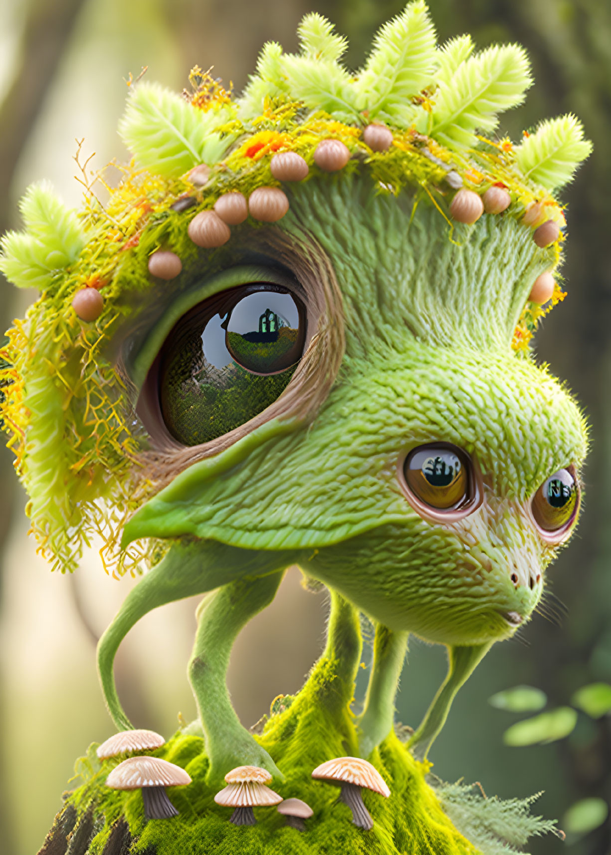 Green lizard-like creature with expressive eyes and plant-like features