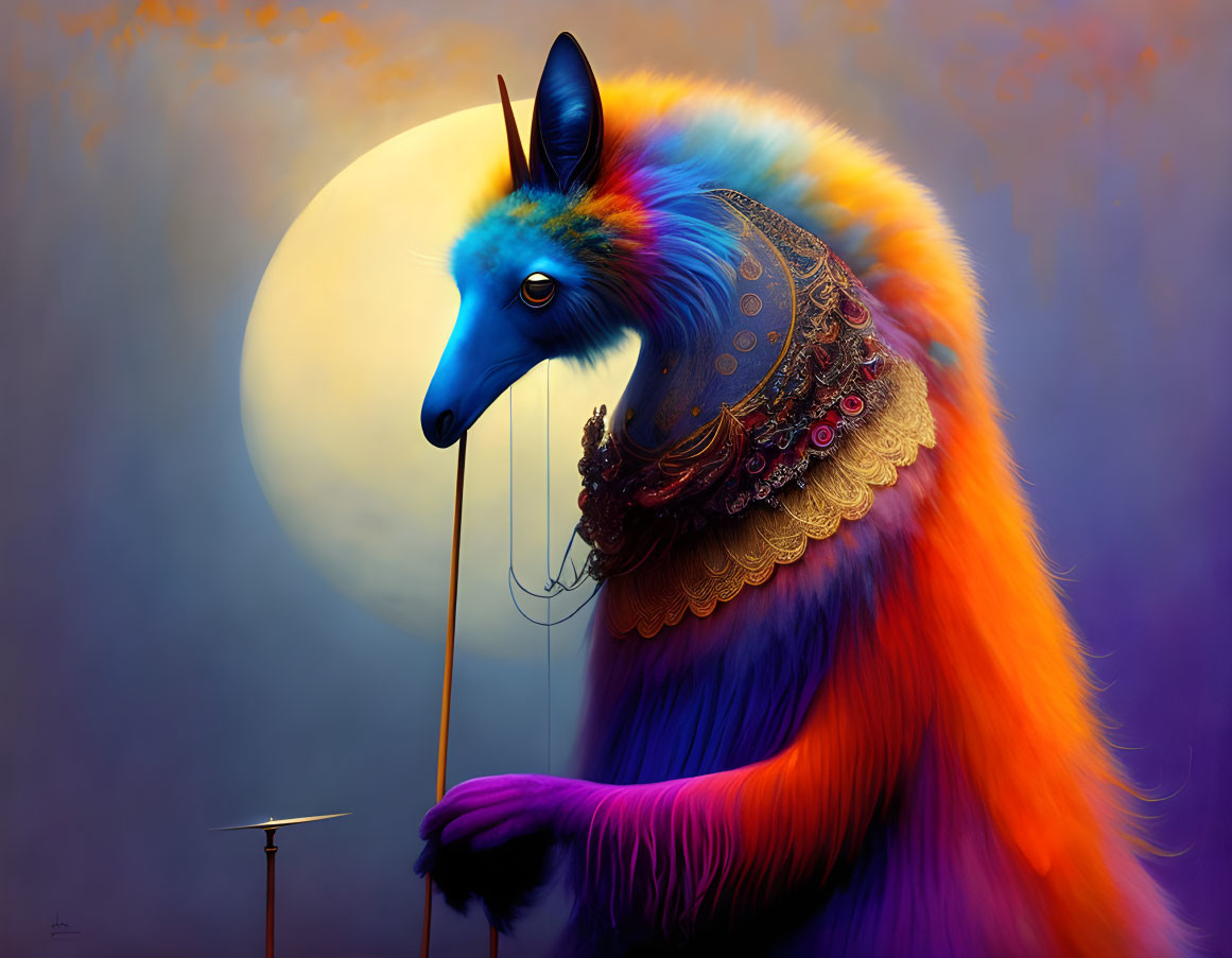 Vibrant fur Anubis-like creature with staff under full moon