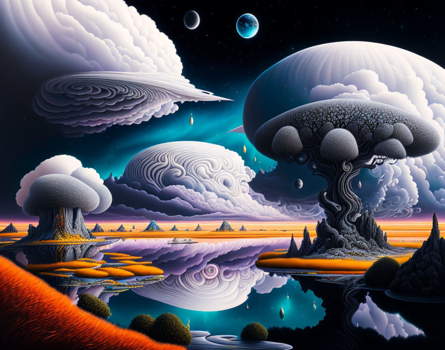 Surreal landscape with mushroom-like trees and planets in starry sky