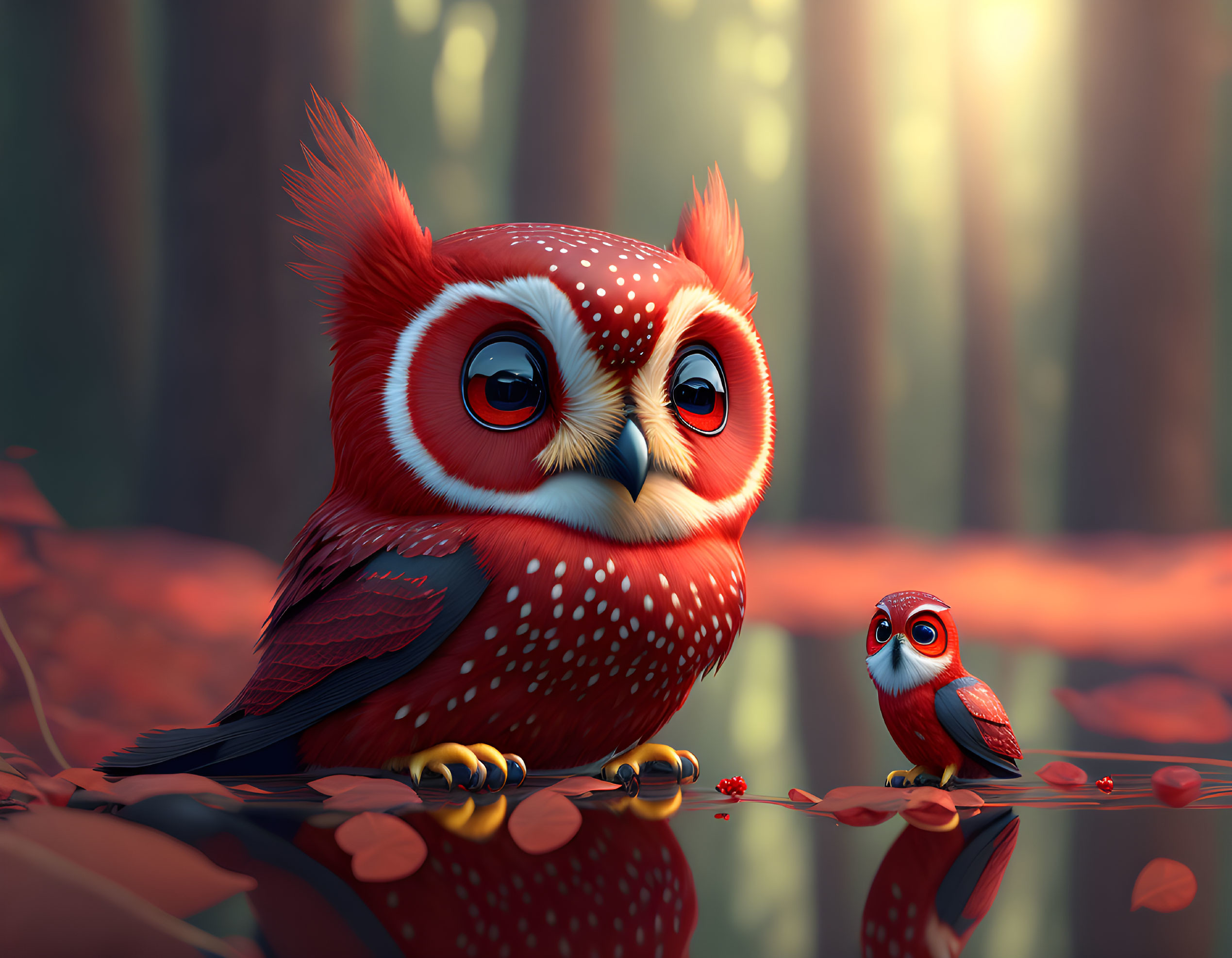 Illustration of two red owls in mystical forest with sunbeams