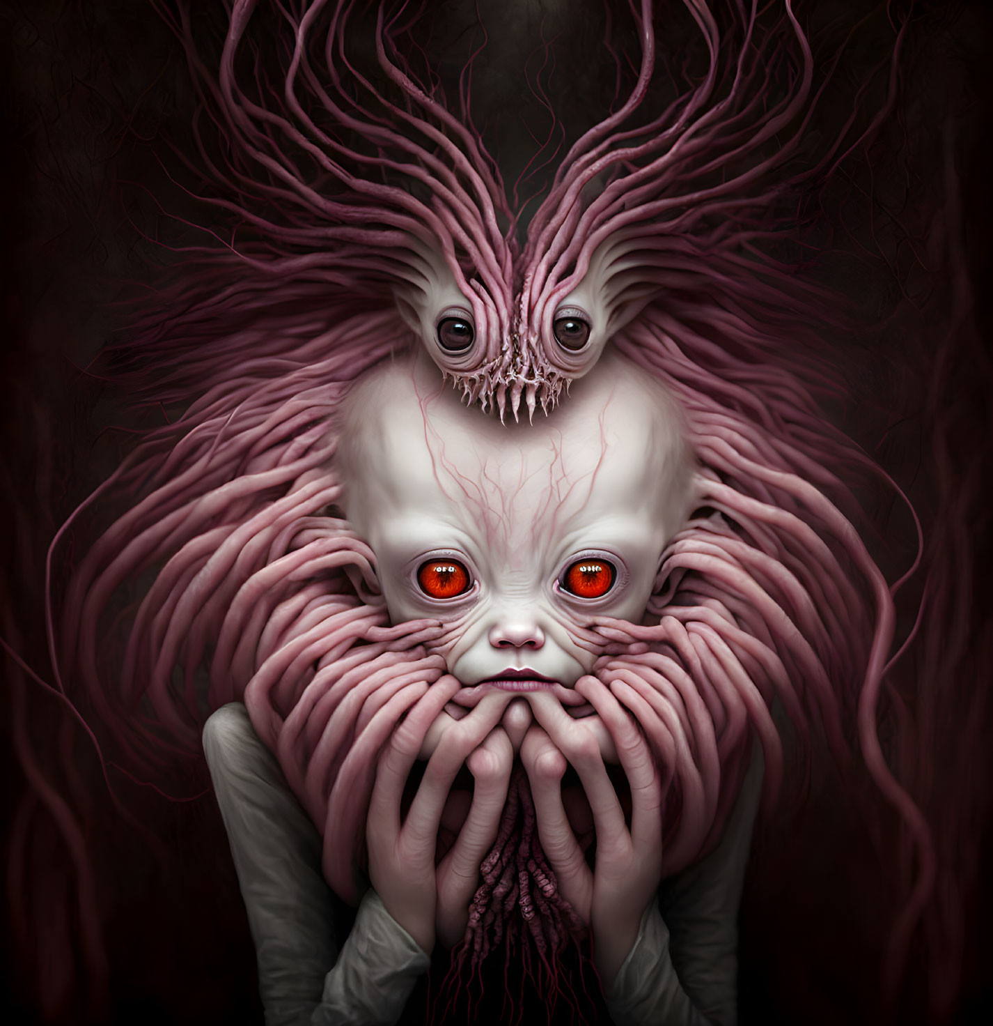 Surreal creature with red eyes, pale skin, and pink tendrils in contemplative pose