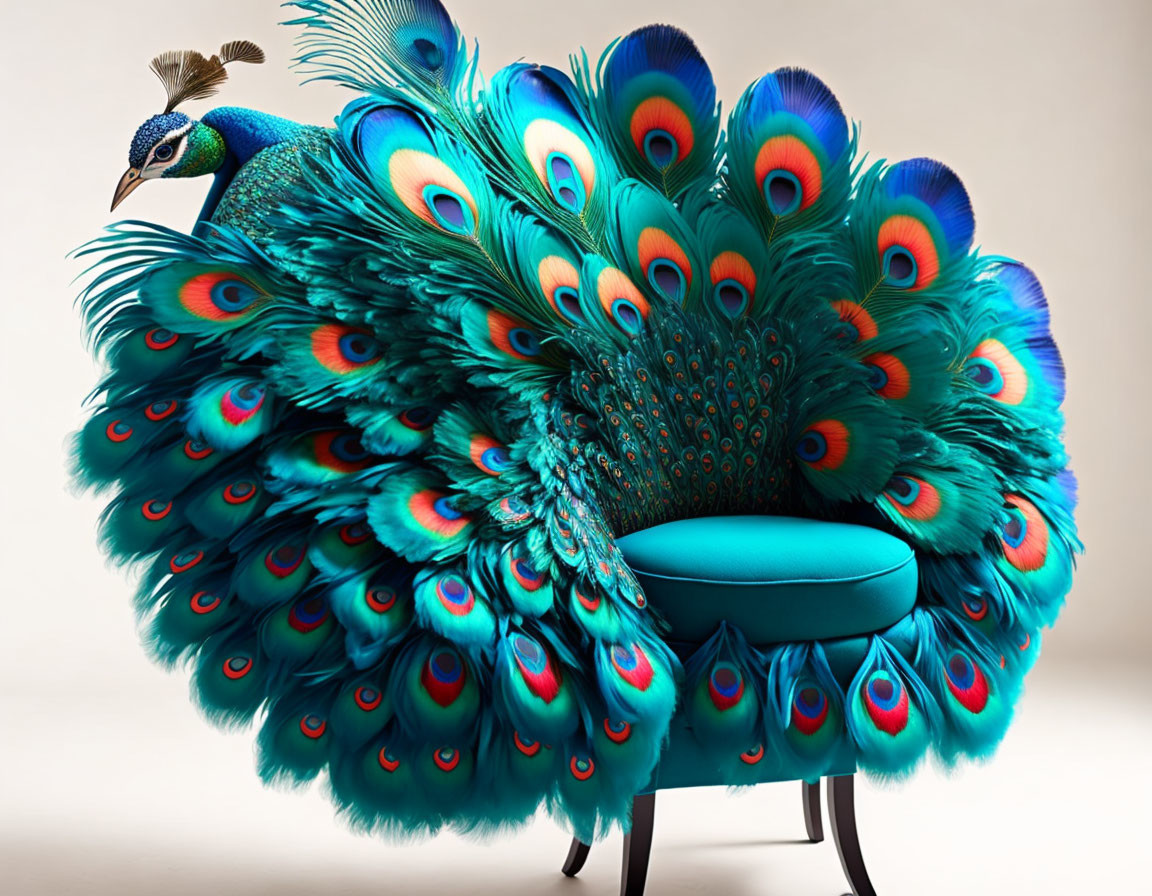 Peacock-inspired chair with vibrant turquoise and royal blue colors