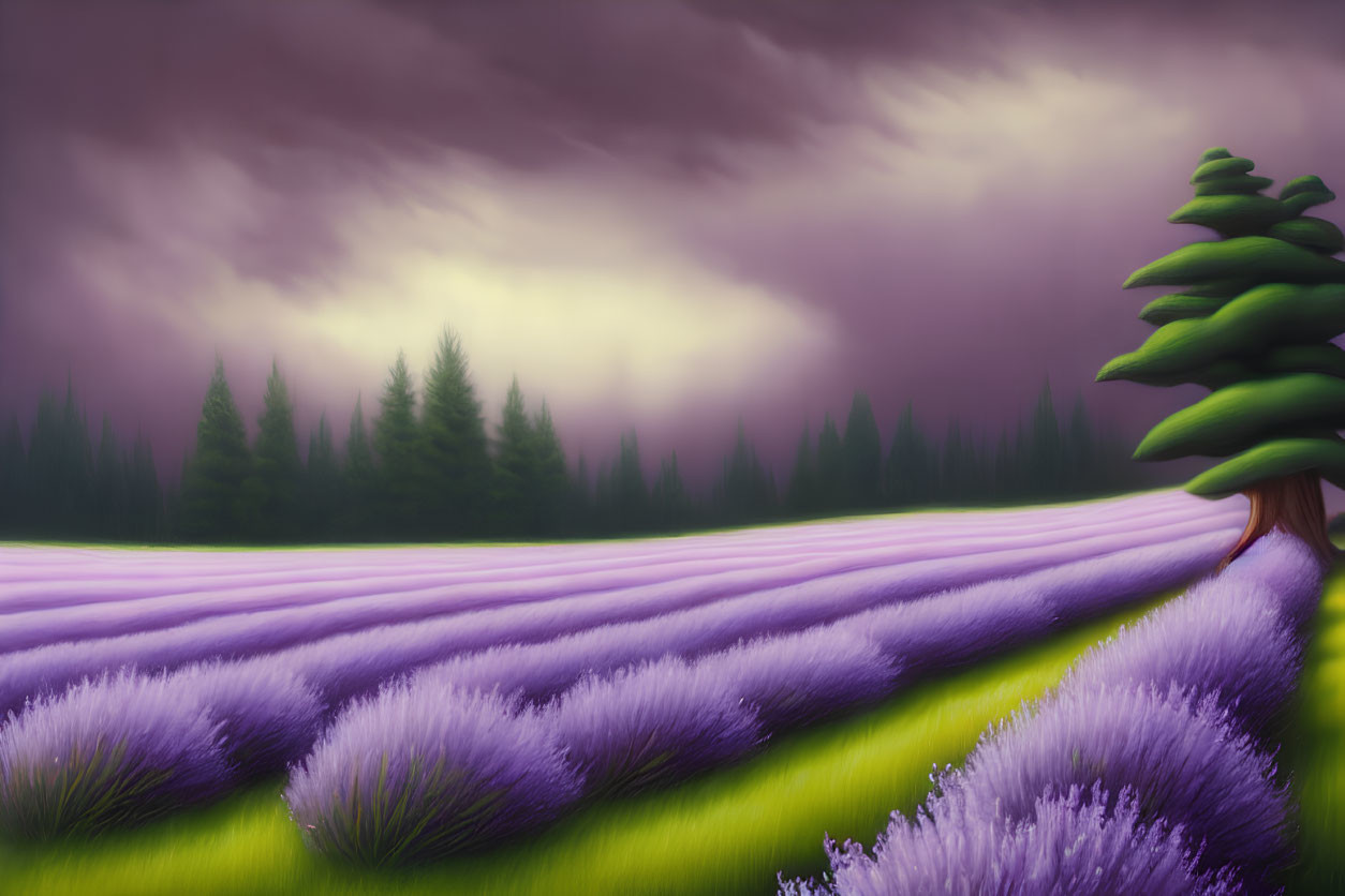 Lavender field with purple sky, sun, and pine tree