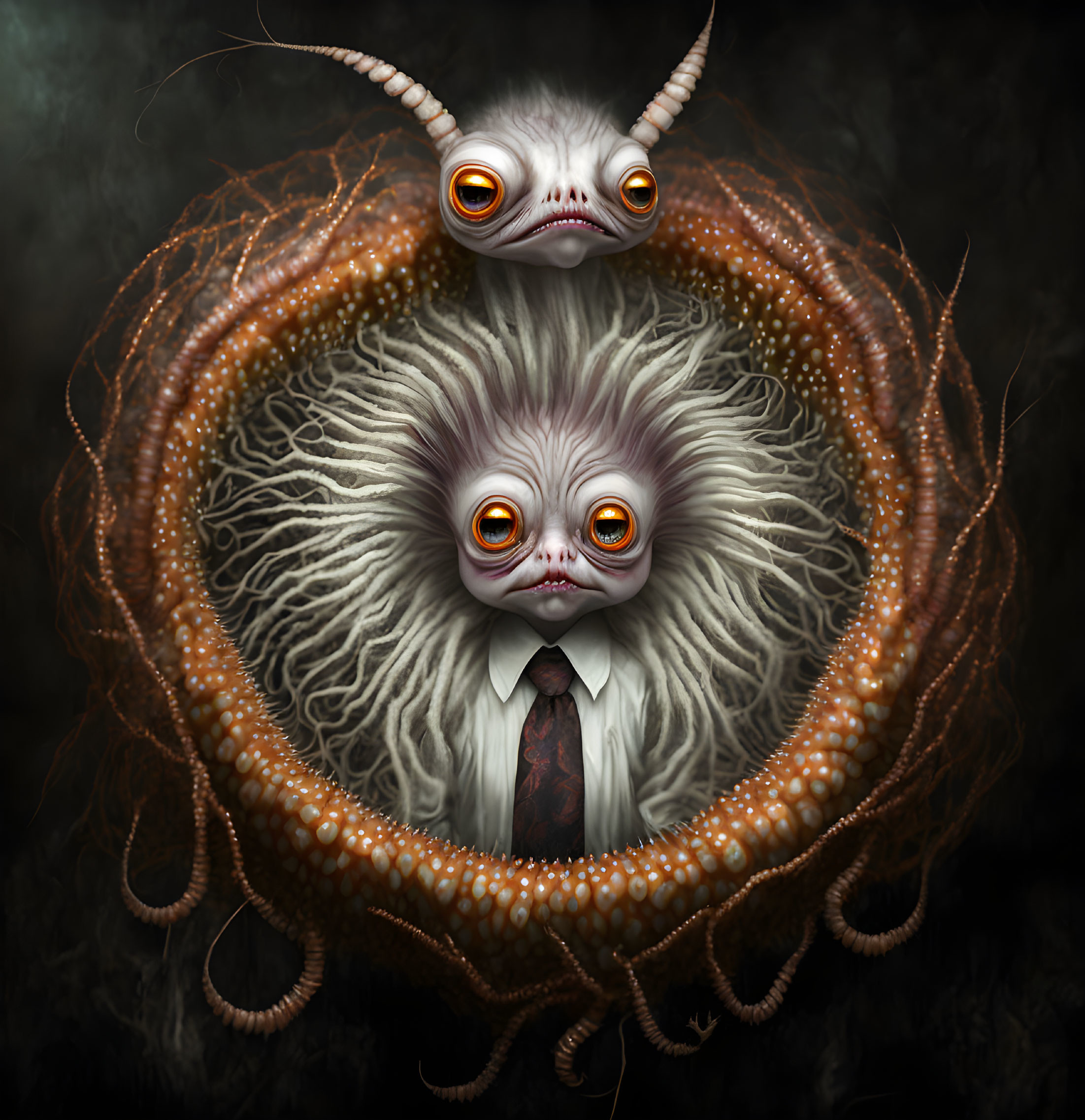 Surreal creatures with tentacles and large eyes in dark setting