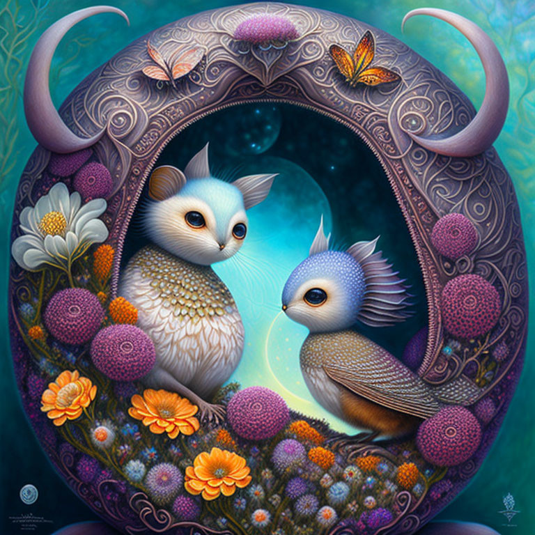 Stylized owls with large eyes in ornate floral frame and lush foliage