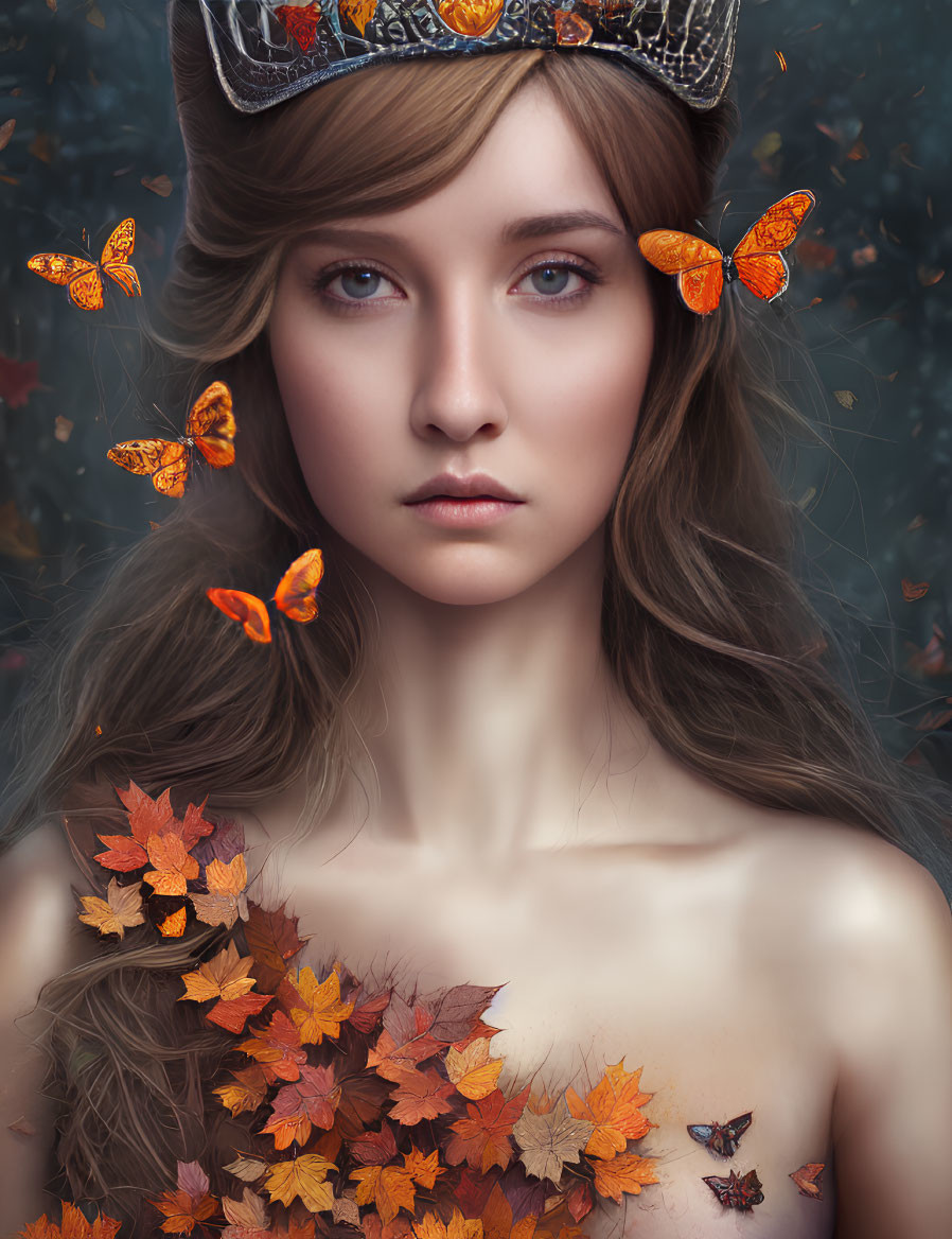 Woman with Crown Surrounded by Butterflies and Autumn Leaves, Blue Eyes