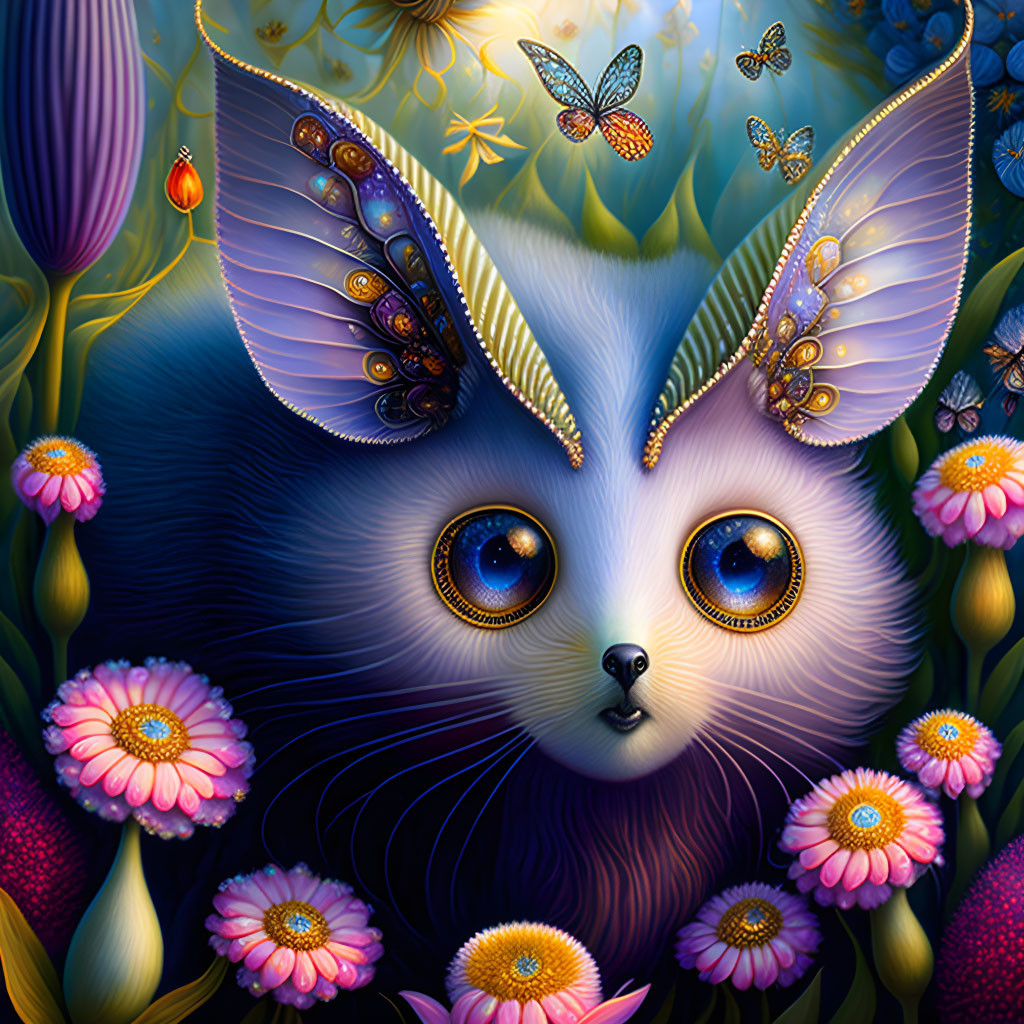 Colorful artwork: Whimsical feline creature with butterfly wings and flower surroundings