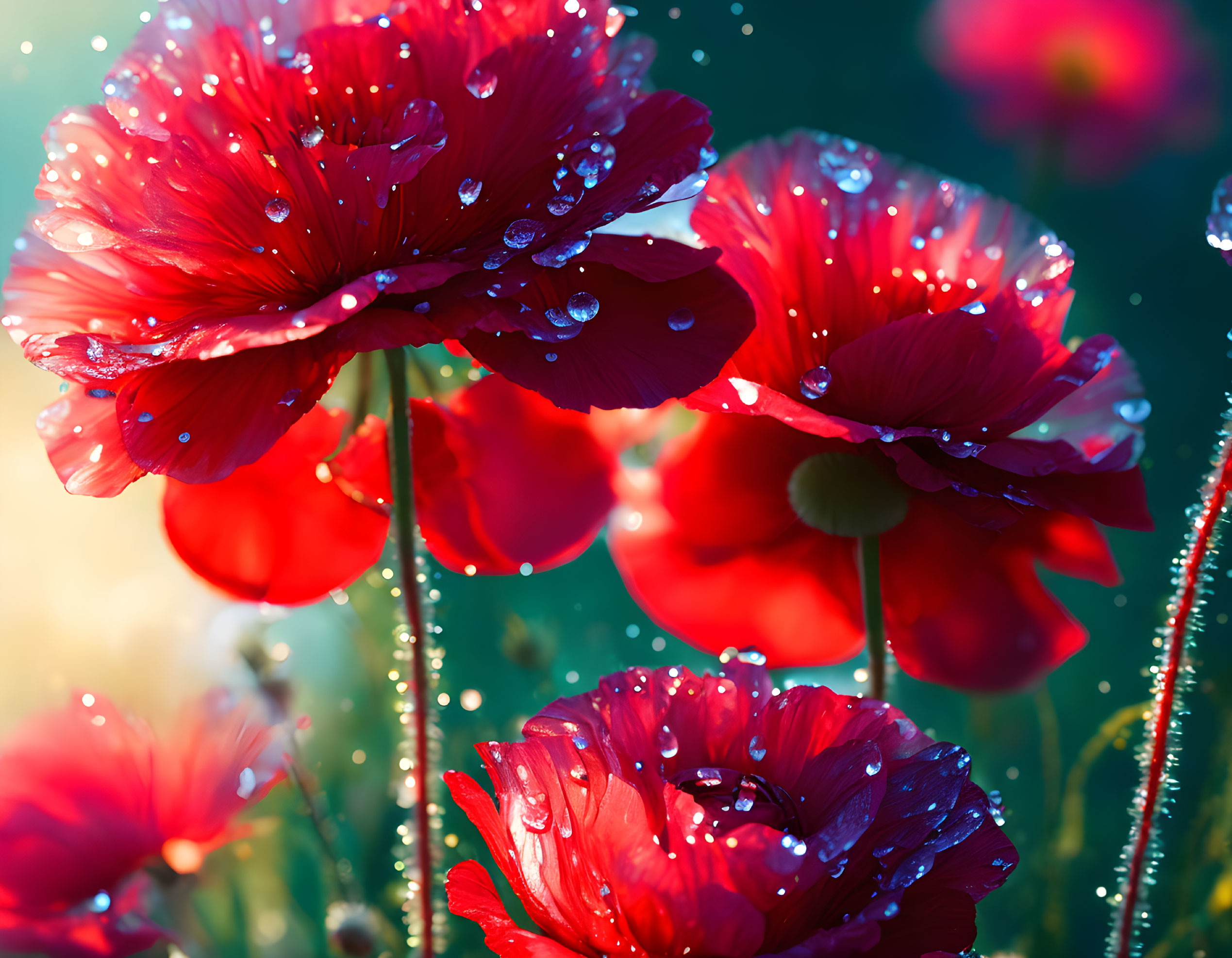 Vibrant red poppies with dew droplets under soft sunlight on blurred green background