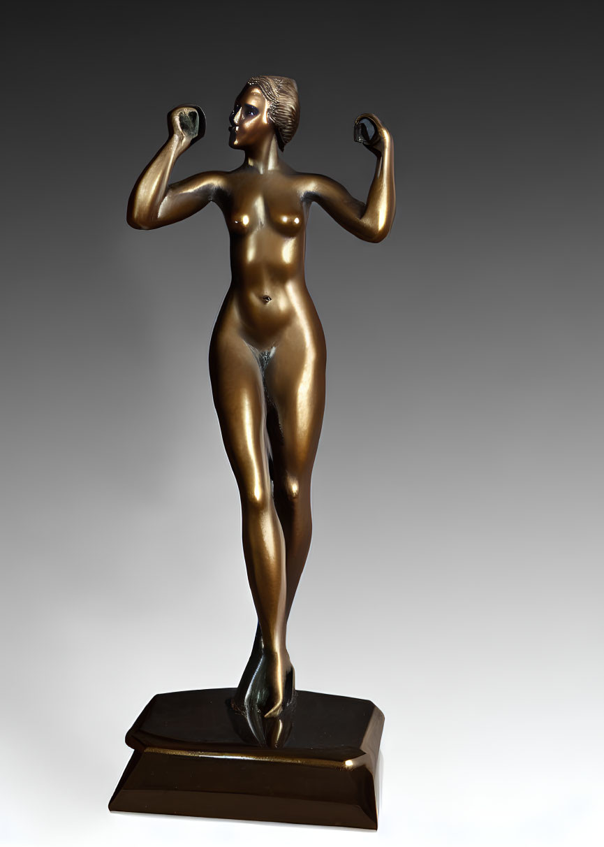 Bronze sculpture of muscular female figure on rectangular base