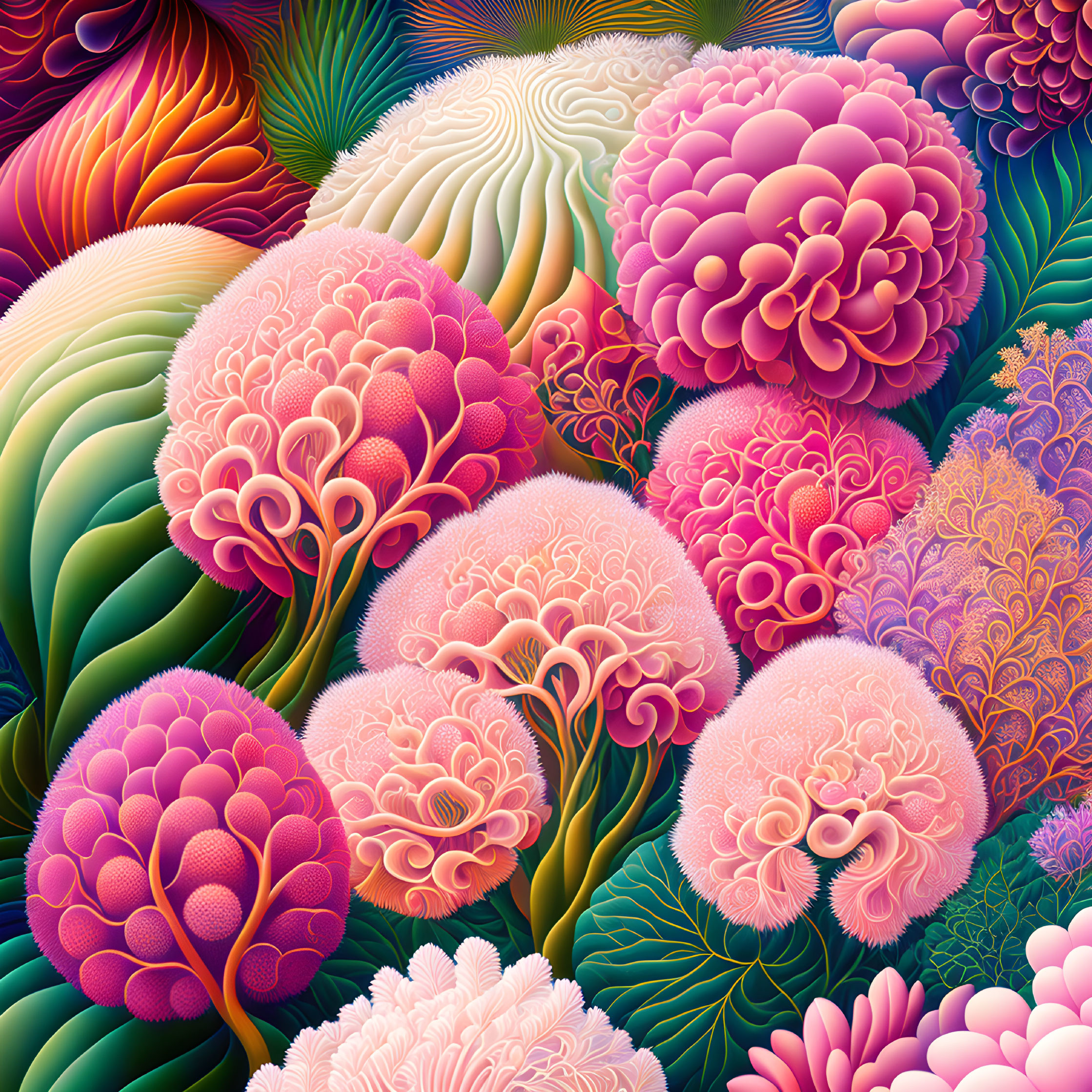 Colorful Digital Artwork: Intricate Flora in Vibrant Palette