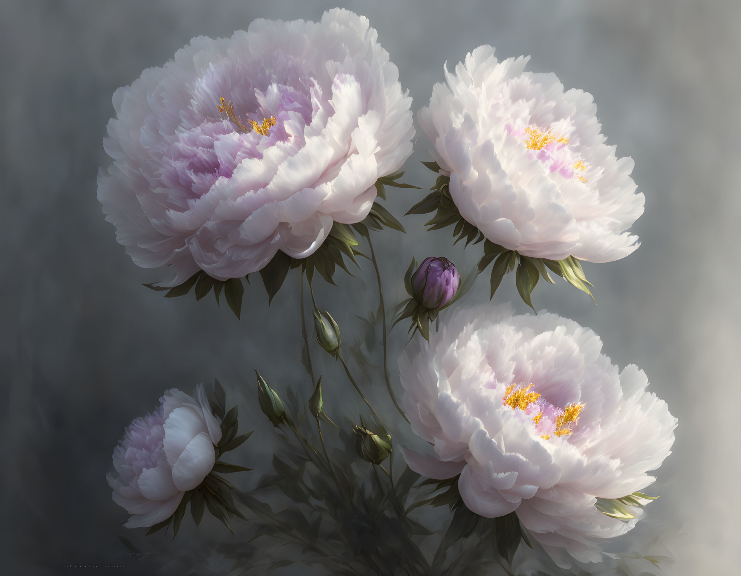 Pink peonies in close-up with soft petals and yellow centers on muted backdrop