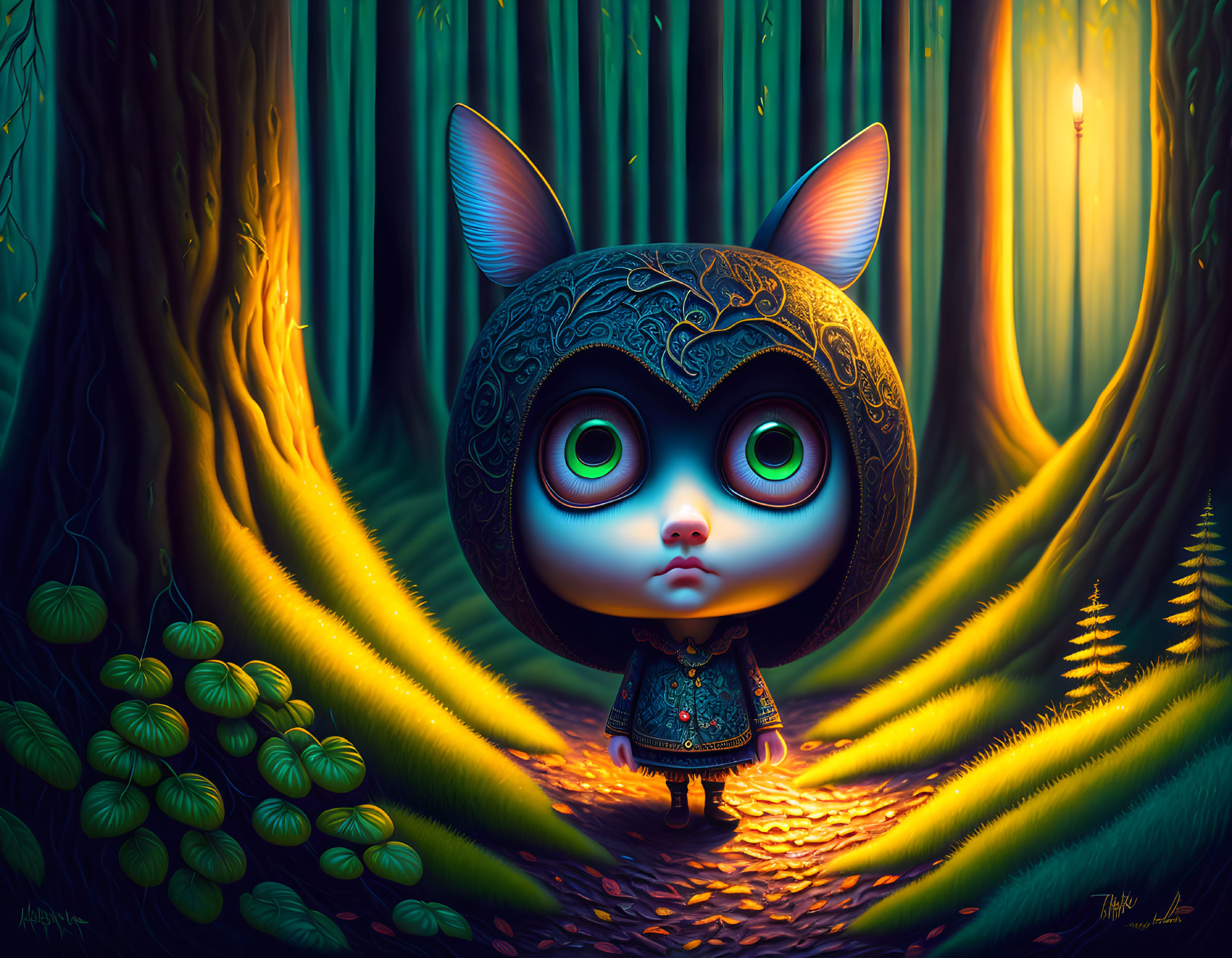 Illustration: Large-eyed creature with cat ears in mystical forest