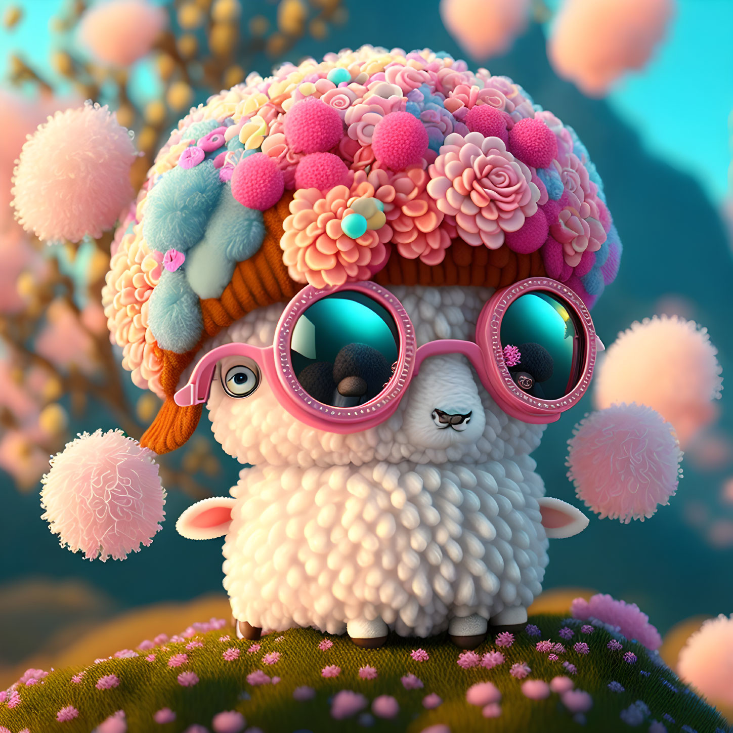 Colorful 3D sheep illustration with hat and sunglasses in a whimsical setting