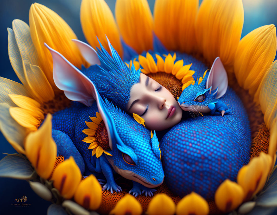 Peaceful person surrounded by giant sunflowers and fantastical blue creatures