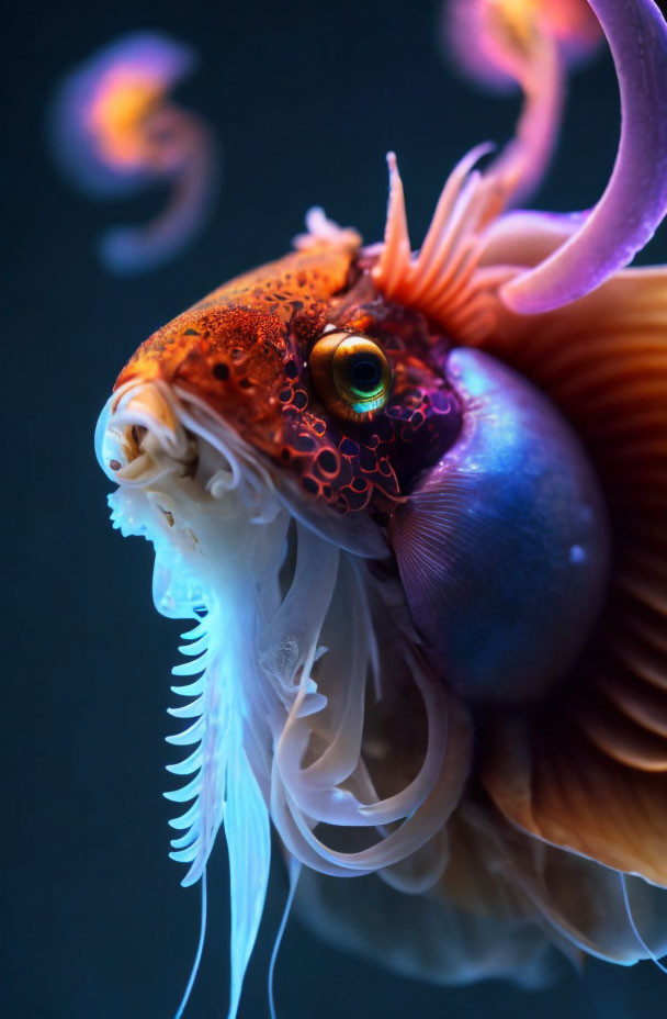 Fiery orange betta fish with delicate fins in dark water