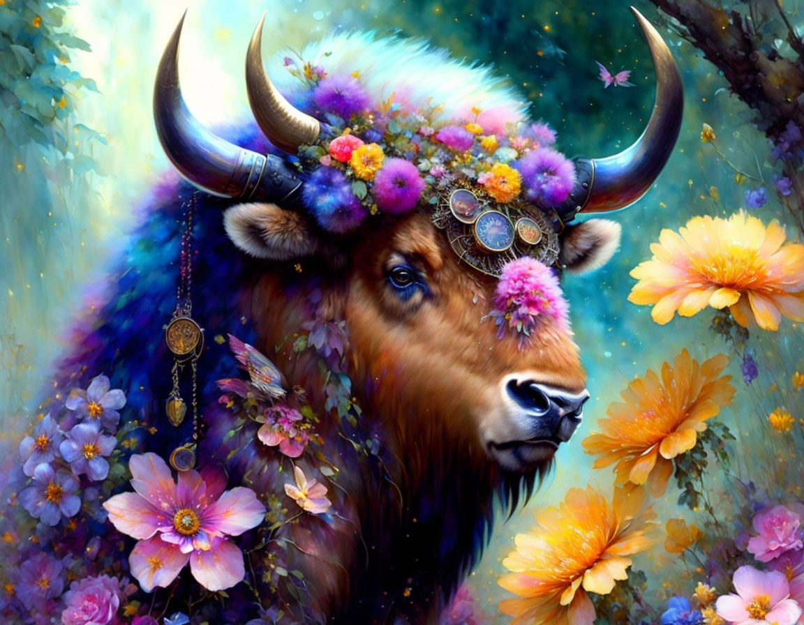 Illustration of Bison with Floral Adornments on Vibrant Background