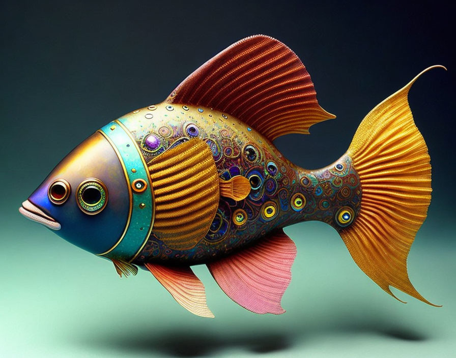 Colorful Digital Fish with Gold and Orange Hues and Decorative Fins