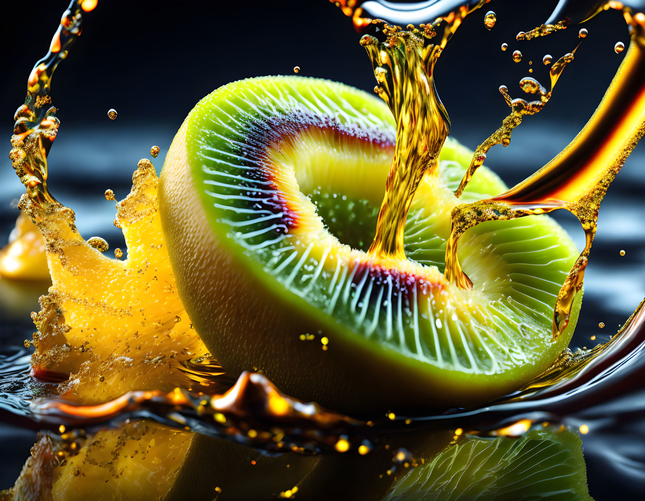 Freshly sliced kiwi fruit with orange liquid on dark background