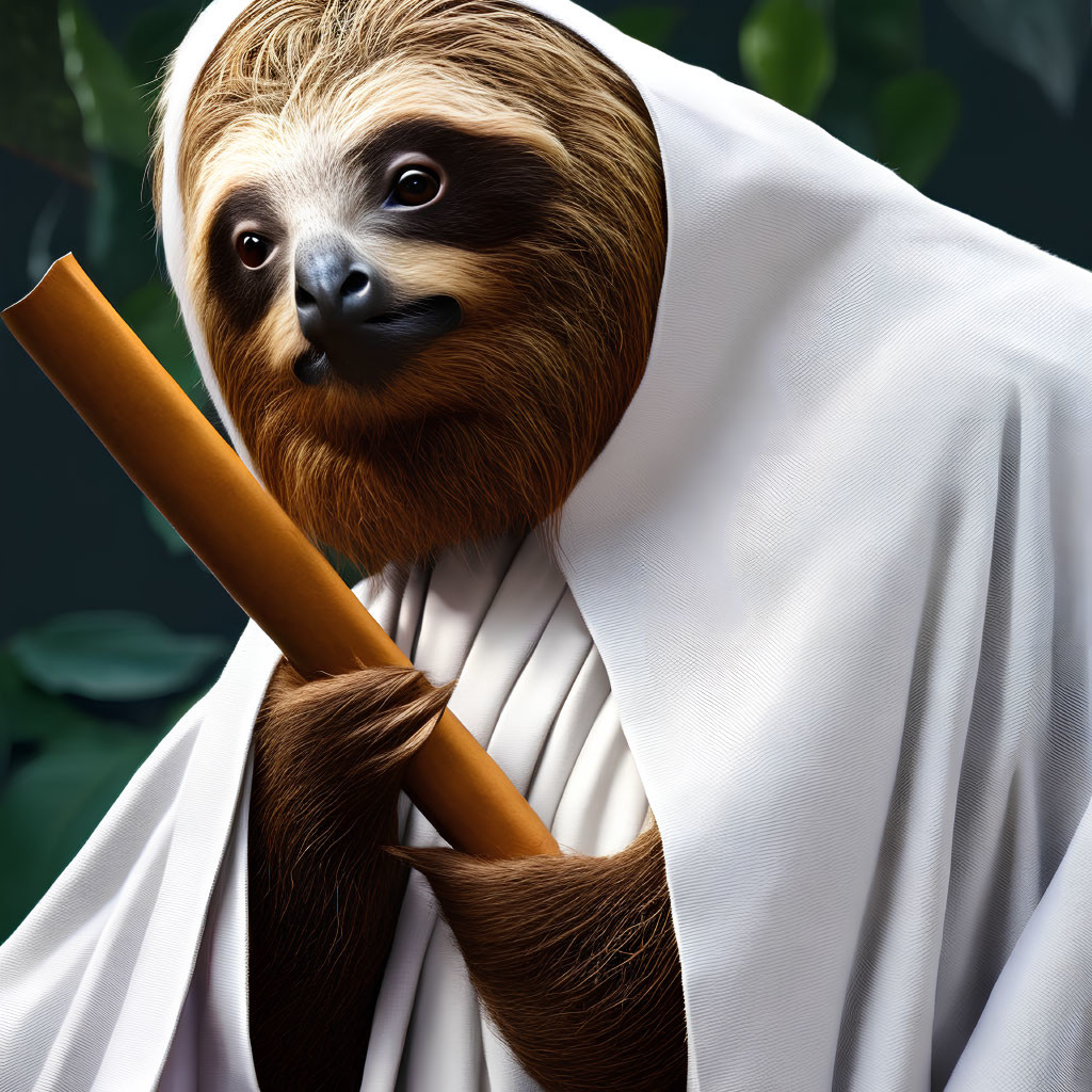 Sloth in Jedi costume with lightsaber in dark forest