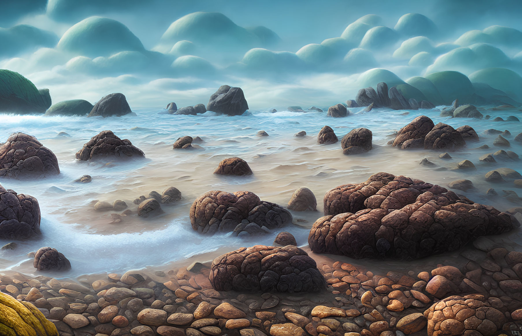 Tranquil seascape with smooth water and rocky shore under surreal dome-shaped clouds