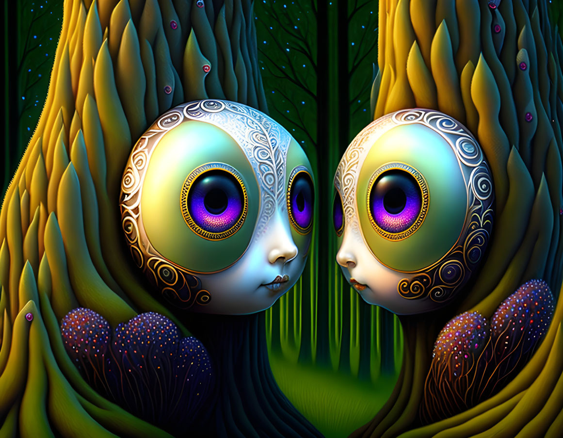 Whimsical characters in enchanted forest with patterned eyes