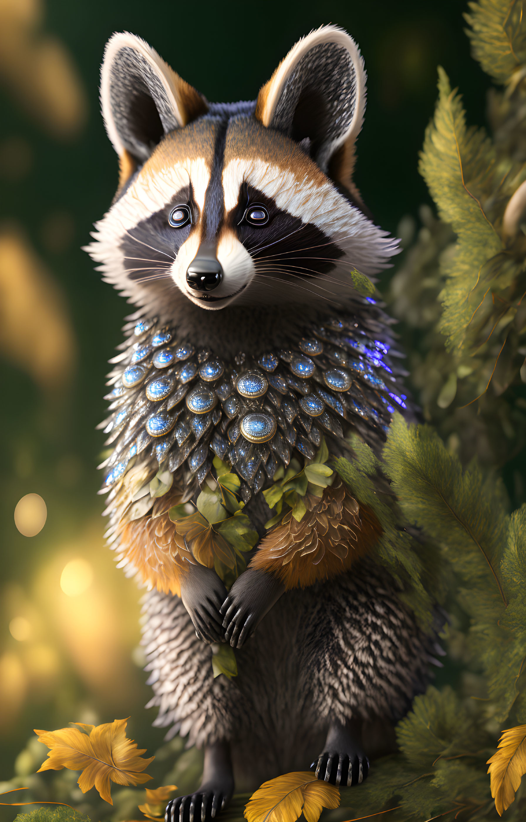 Realistic raccoon illustration with blue feather-like scales in green foliage