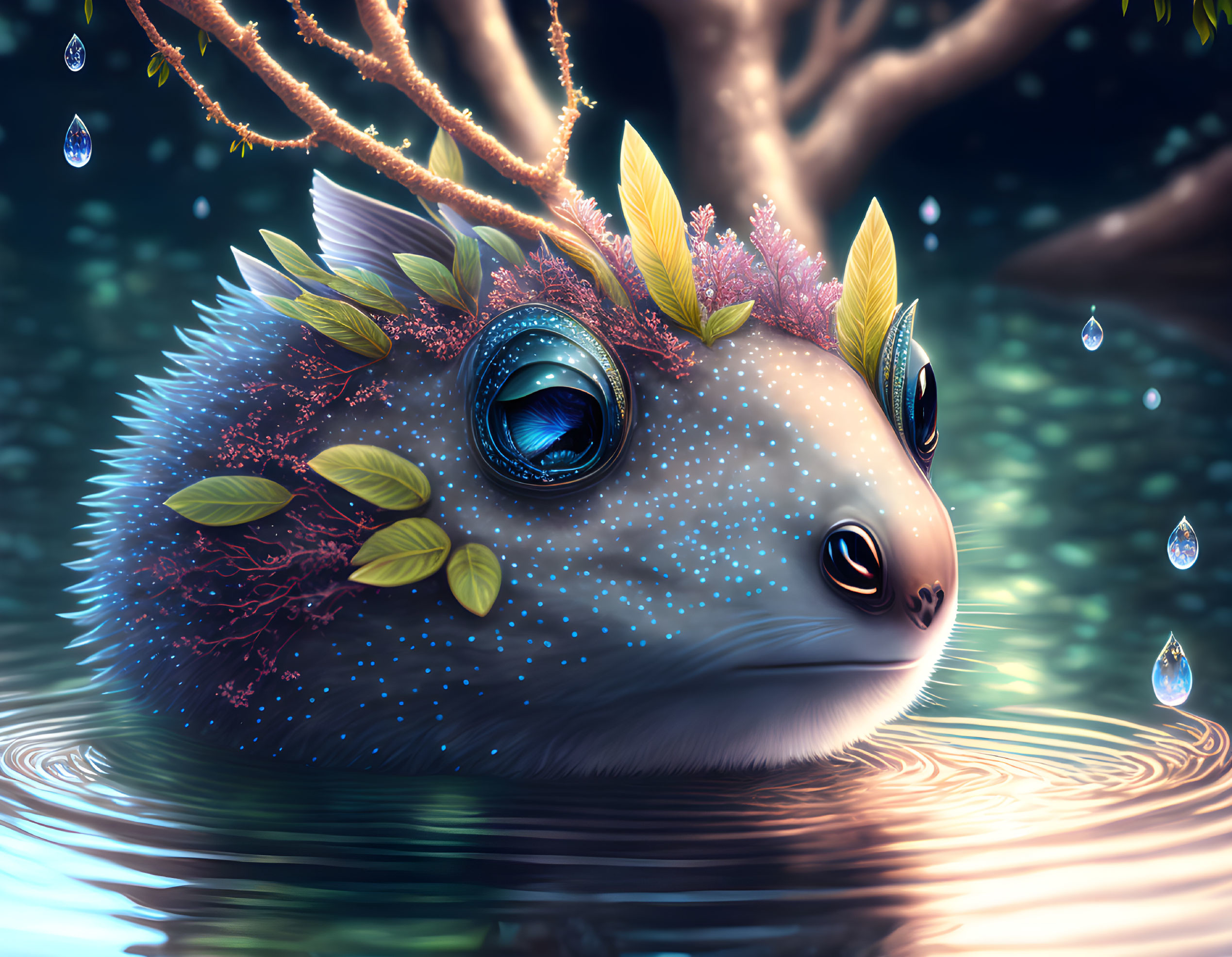 Mystical hedgehog-like creature with leafy back floating on water