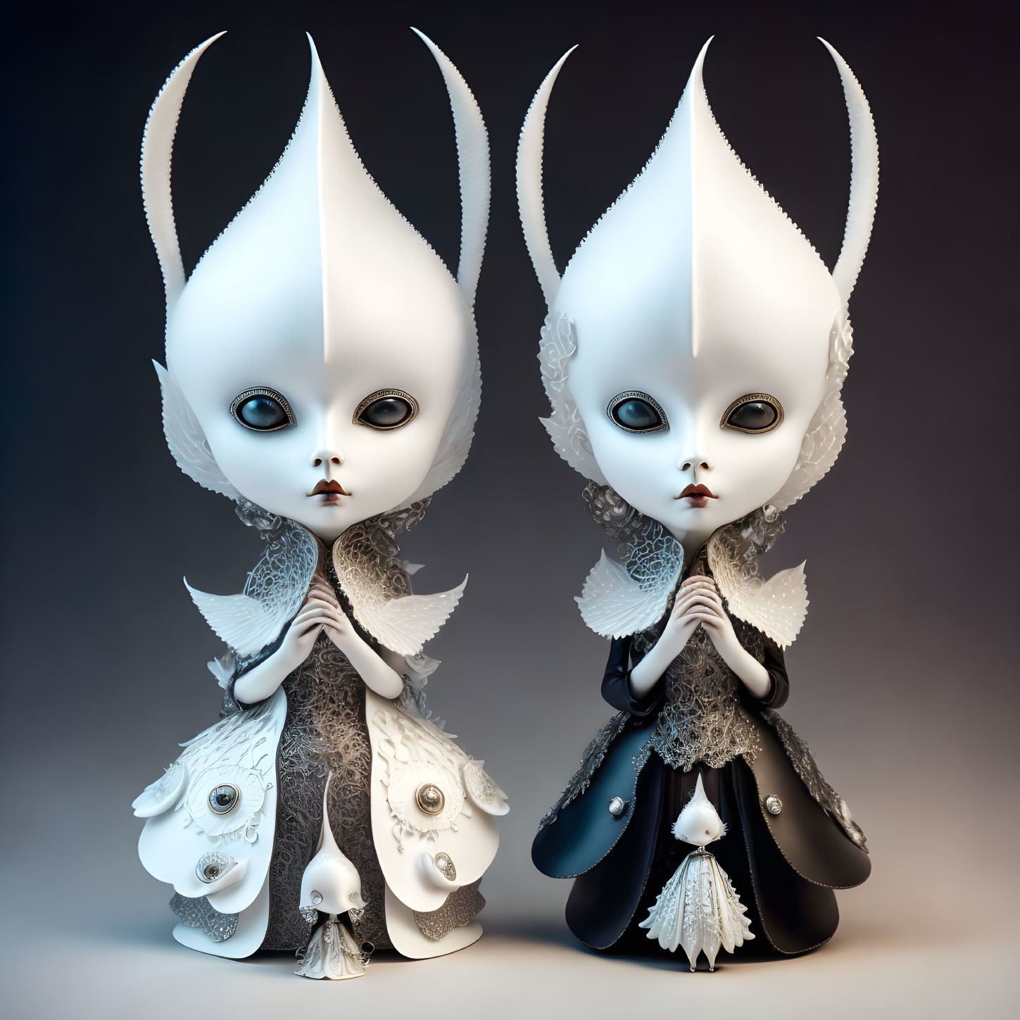 Identical ornate animated humanoid figures with pale skin and horns