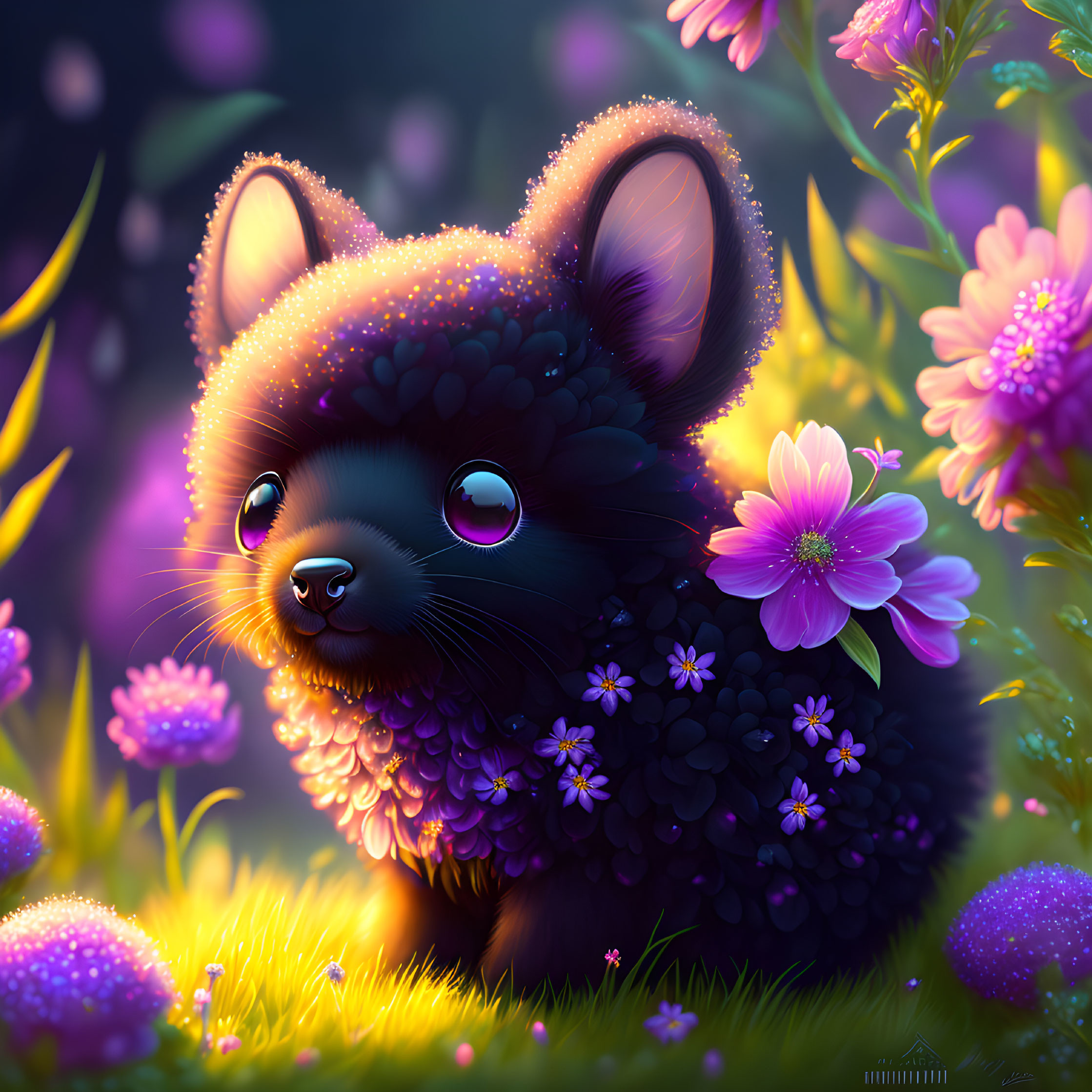 Stylized black furry creature with big shiny eyes in dreamy floral setting