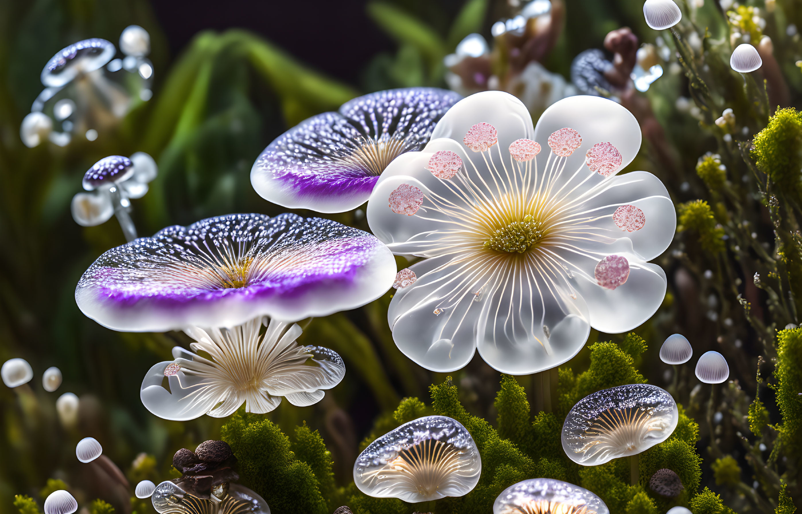 Translucent jellyfish-like mushrooms with white and purple accents in a dreamy forest.