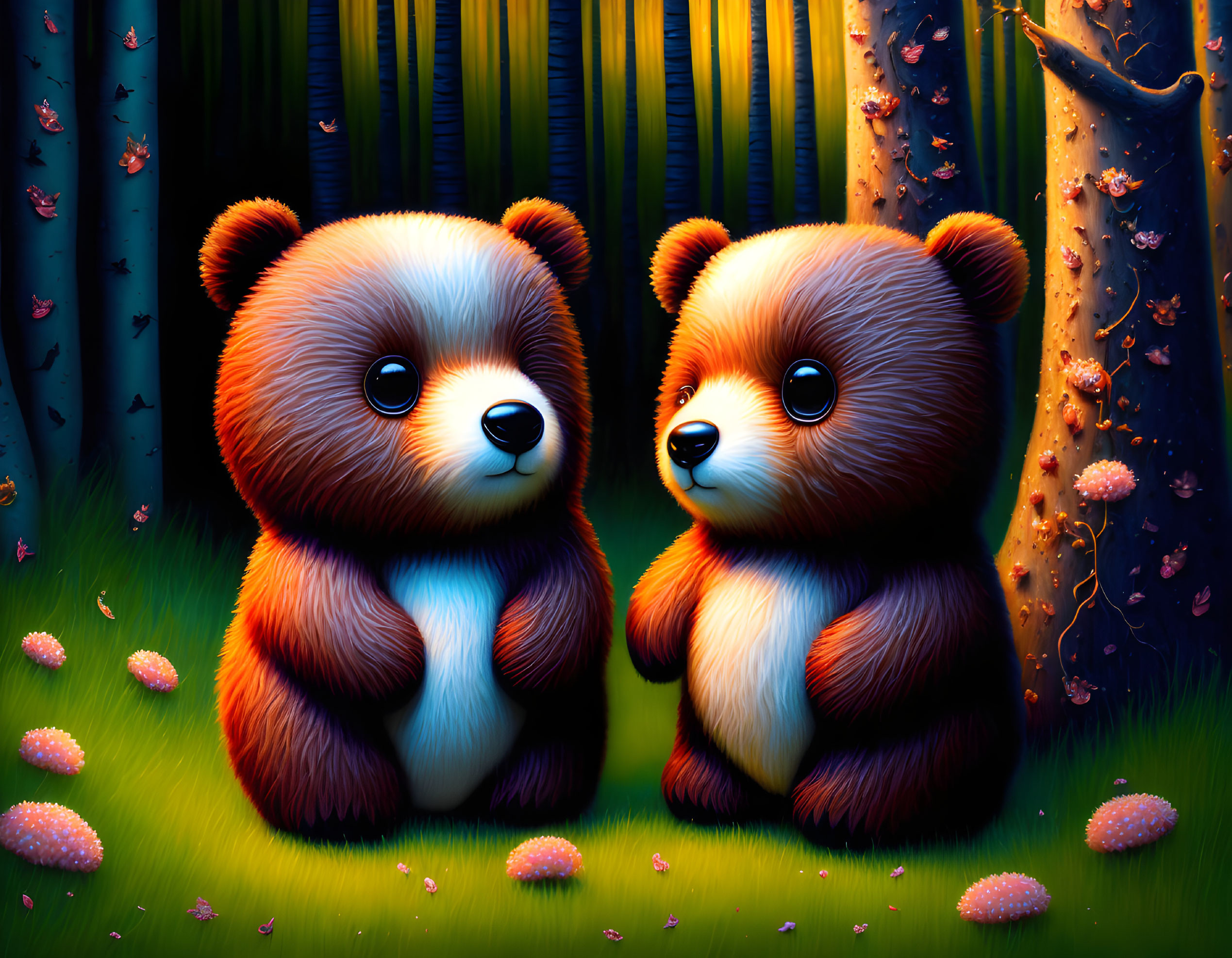 Stylized cartoonish bears in colorful enchanted forest