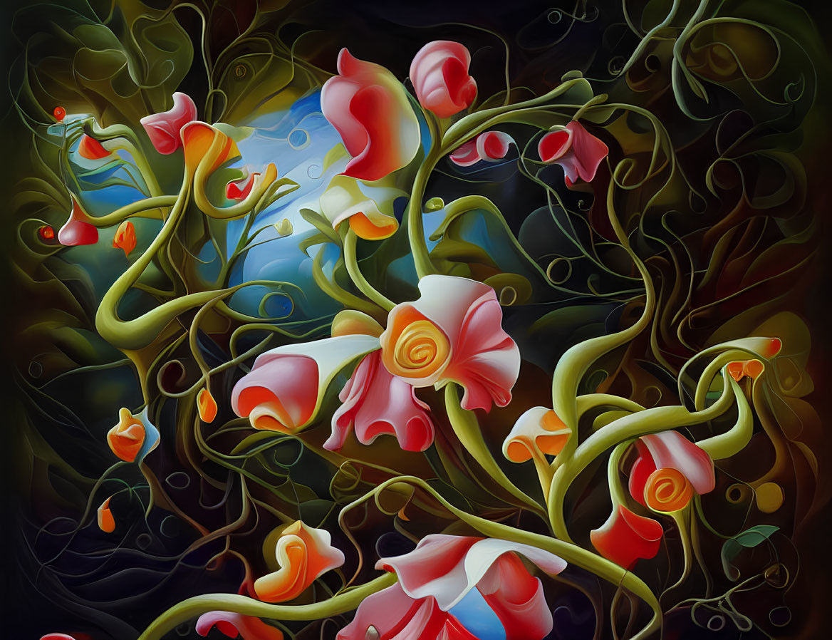 Vibrant surrealist painting of red and white flowers on dark background