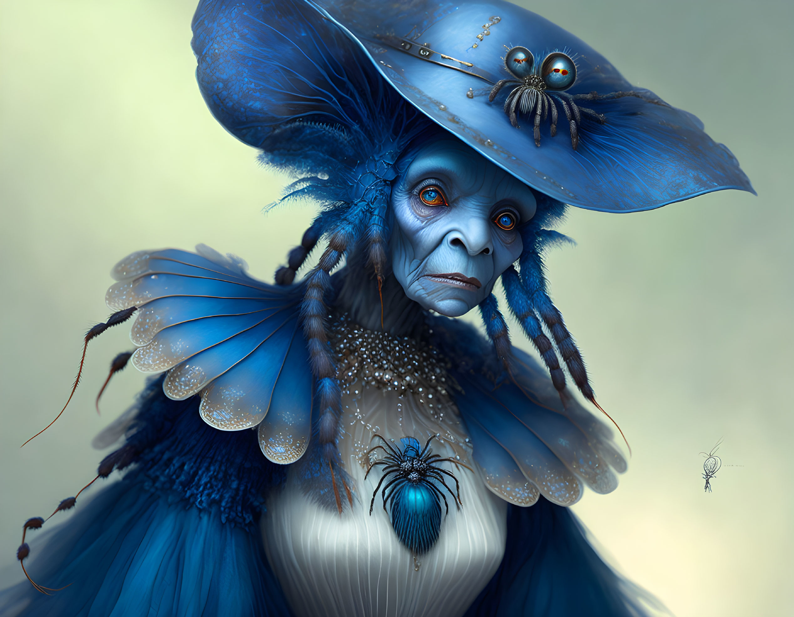 Blue plumage humanoid creature with insect features and spider-adorned hat