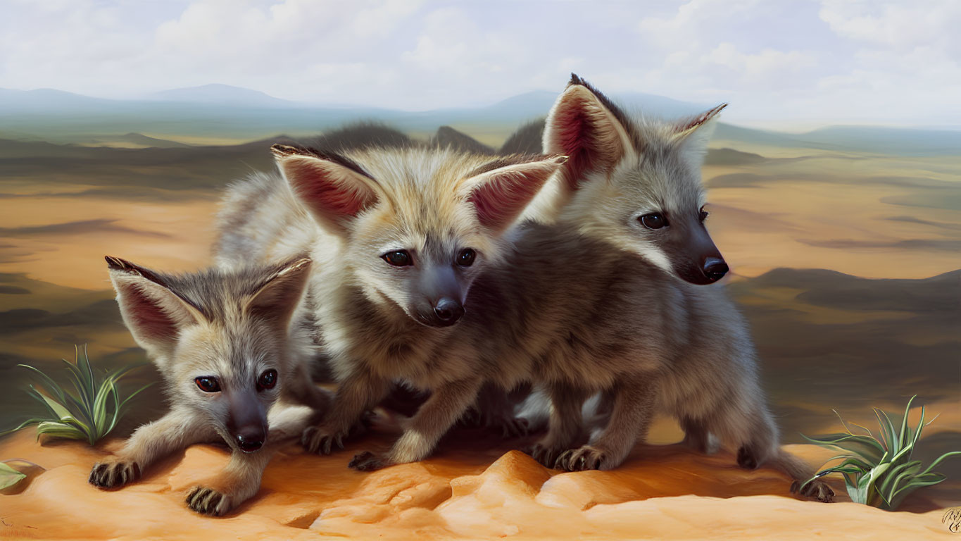 Three Bat-Eared Foxes in Desert Landscape with Grass Tufts