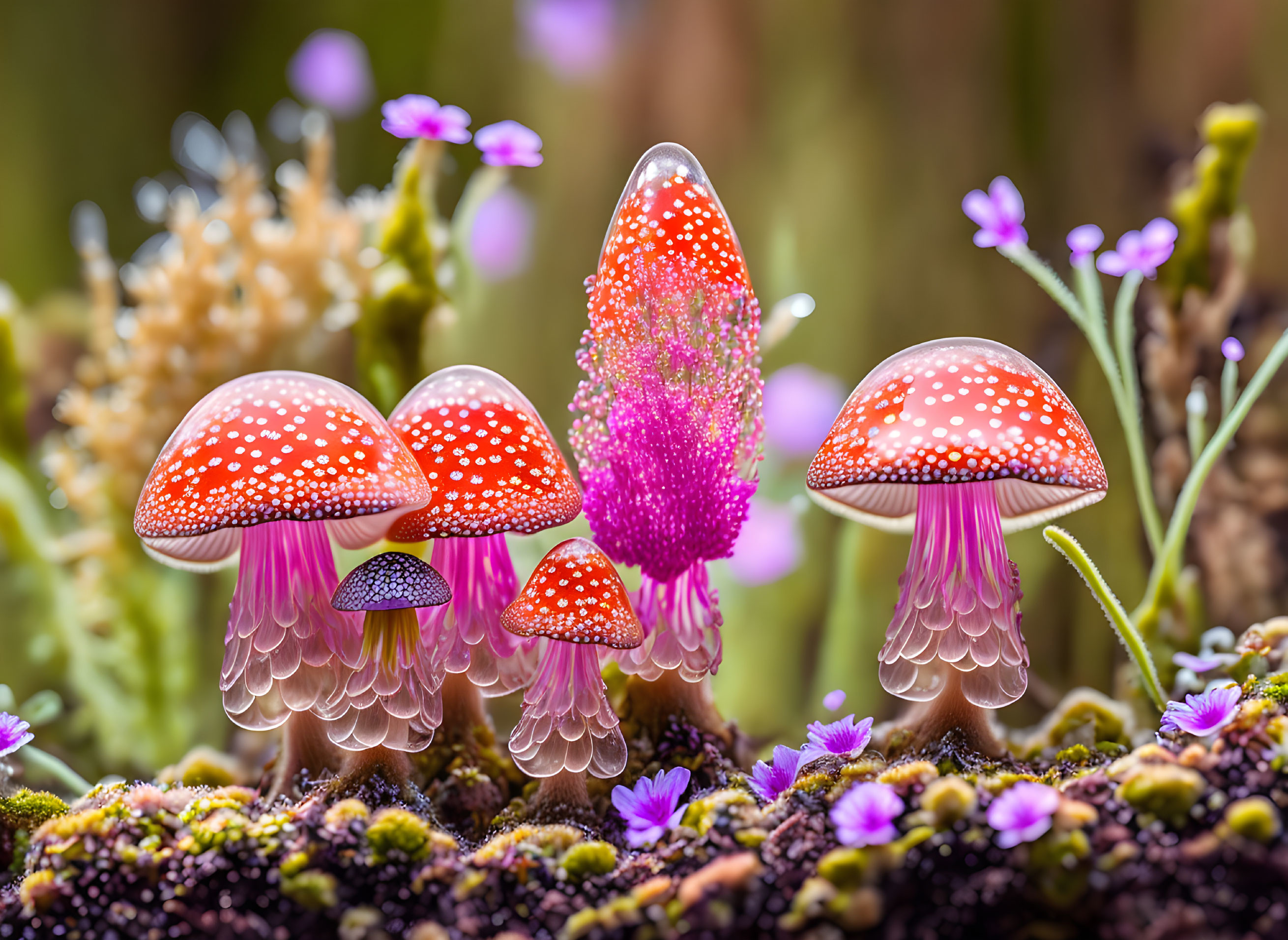 Colorful red mushrooms with white spots in nature scene.