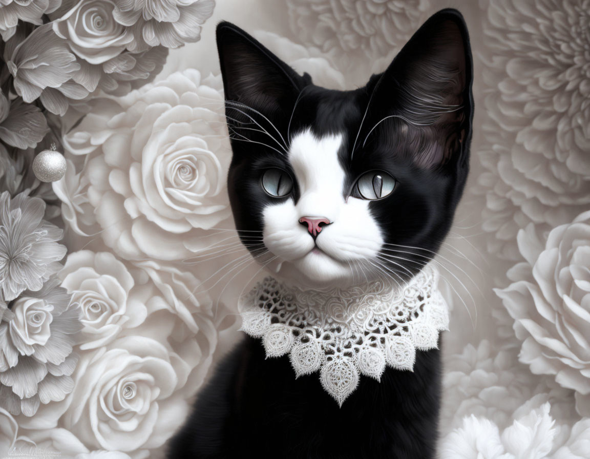 Black and White Cat with Striking Eyes Surrounded by White Roses and Lace Collar