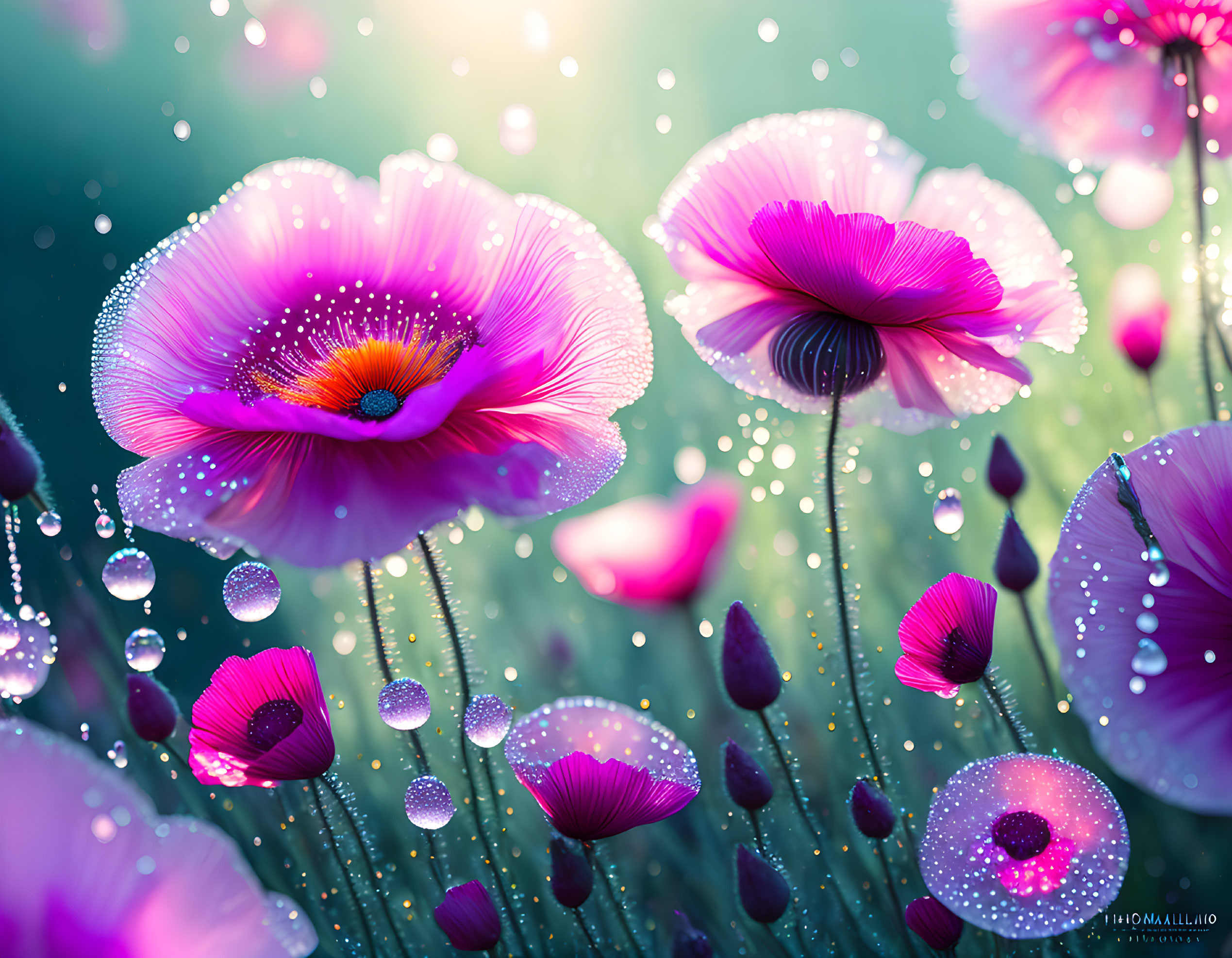 Vibrant pink flowers with dewdrops on petals in dream-like setting