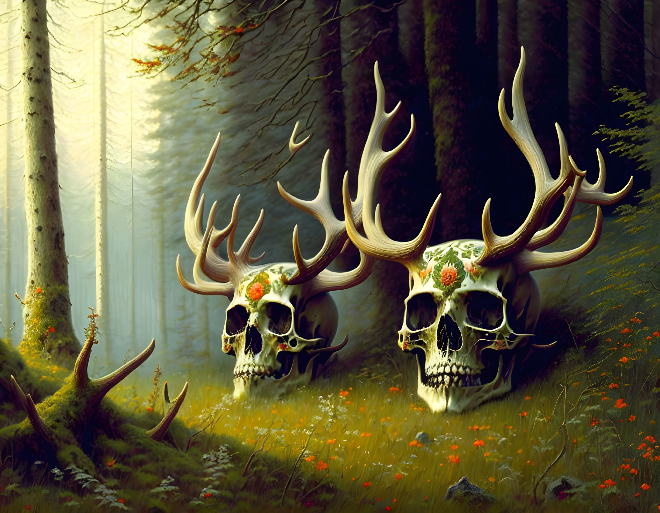 Decorated animal skulls with antlers in mystical forest setting