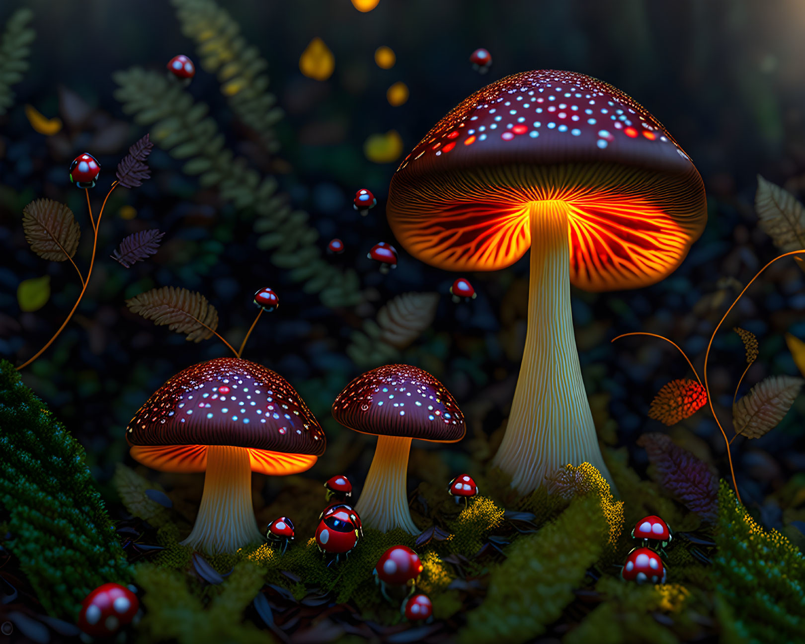 Glowing mushrooms in enchanted forest with ladybugs & greenery