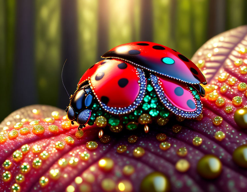 Colorful Ladybug with Dew Drops on Water-speckled Leaf