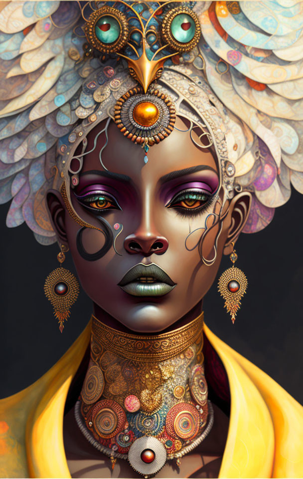 Fantasy digital artwork of a woman with intricate headgear and multiple eyes