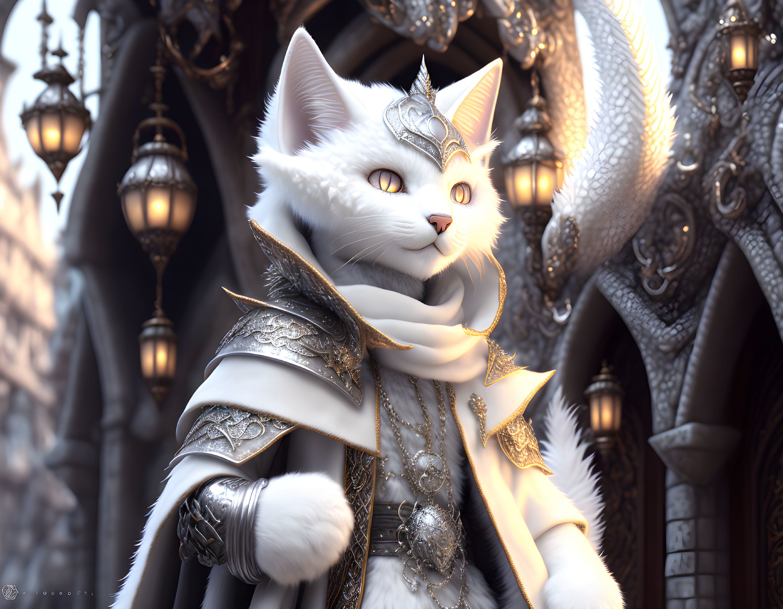 White Cat in Medieval Armor Amid Ornate Street Lamps