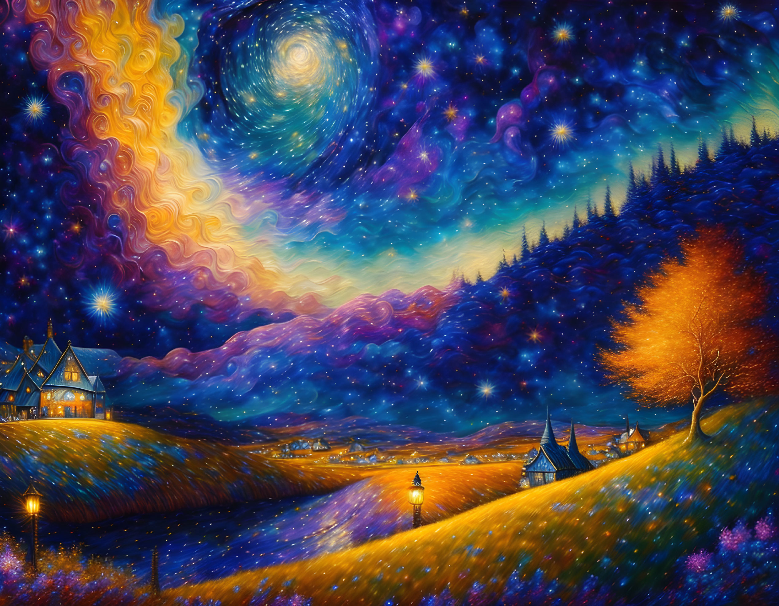 Whimsical night sky painting with galaxies above hilly landscape