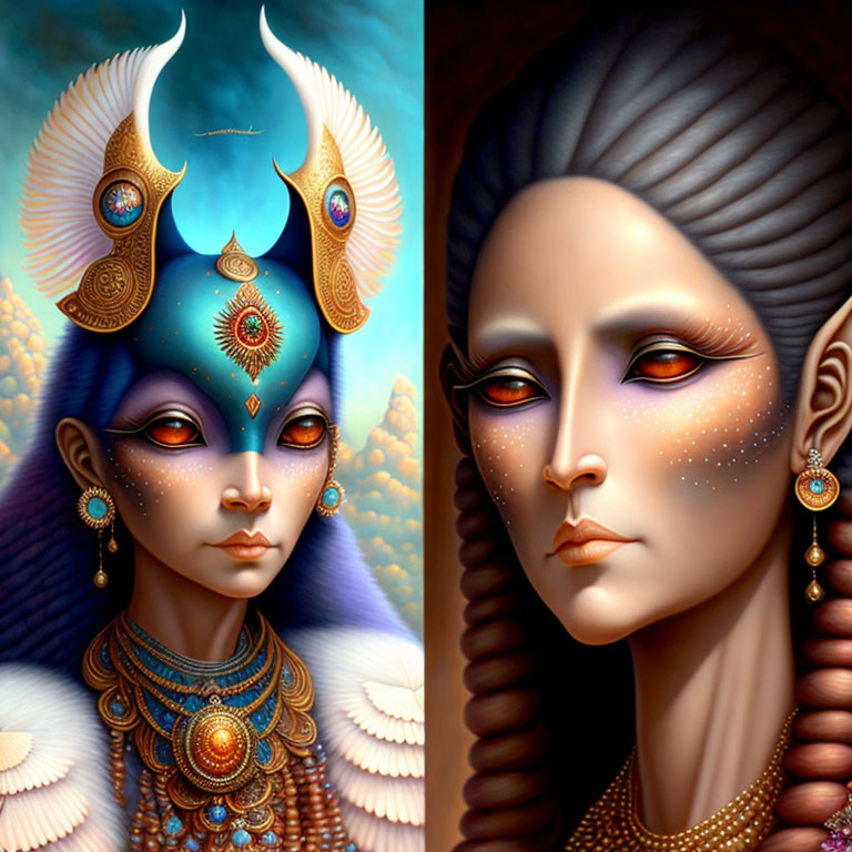 Stylized portraits of female figures with intricate jewelry and exotic features.