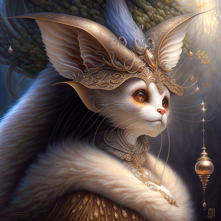 Anthropomorphic cat fantasy illustration with ornate golden headgear and collar.