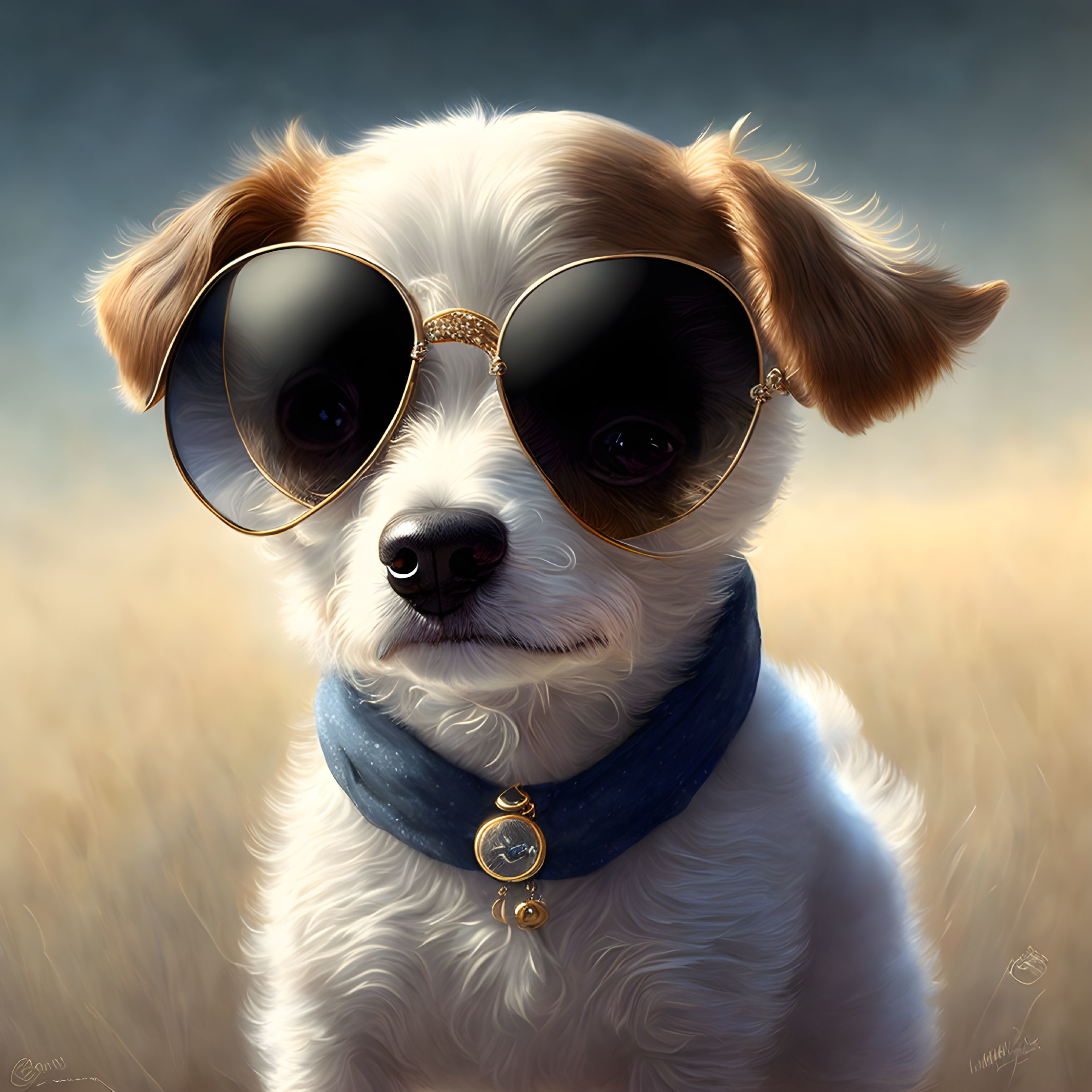 Small White Dog Wearing Sunglasses and Blue Bandana on Grass Background